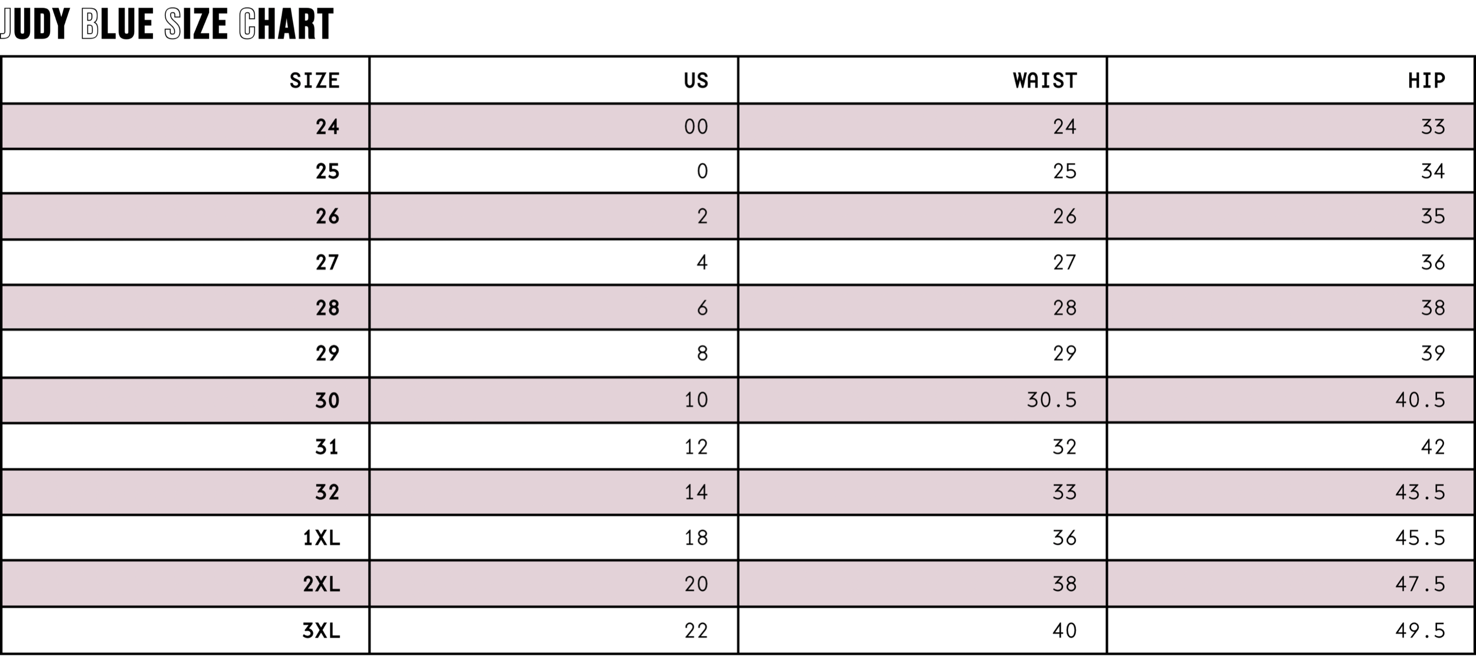 Atomic Wildflower Judy Blue Jeans Size chart displaying waist and hip measurements for various jean sizes on a soft muted pink background