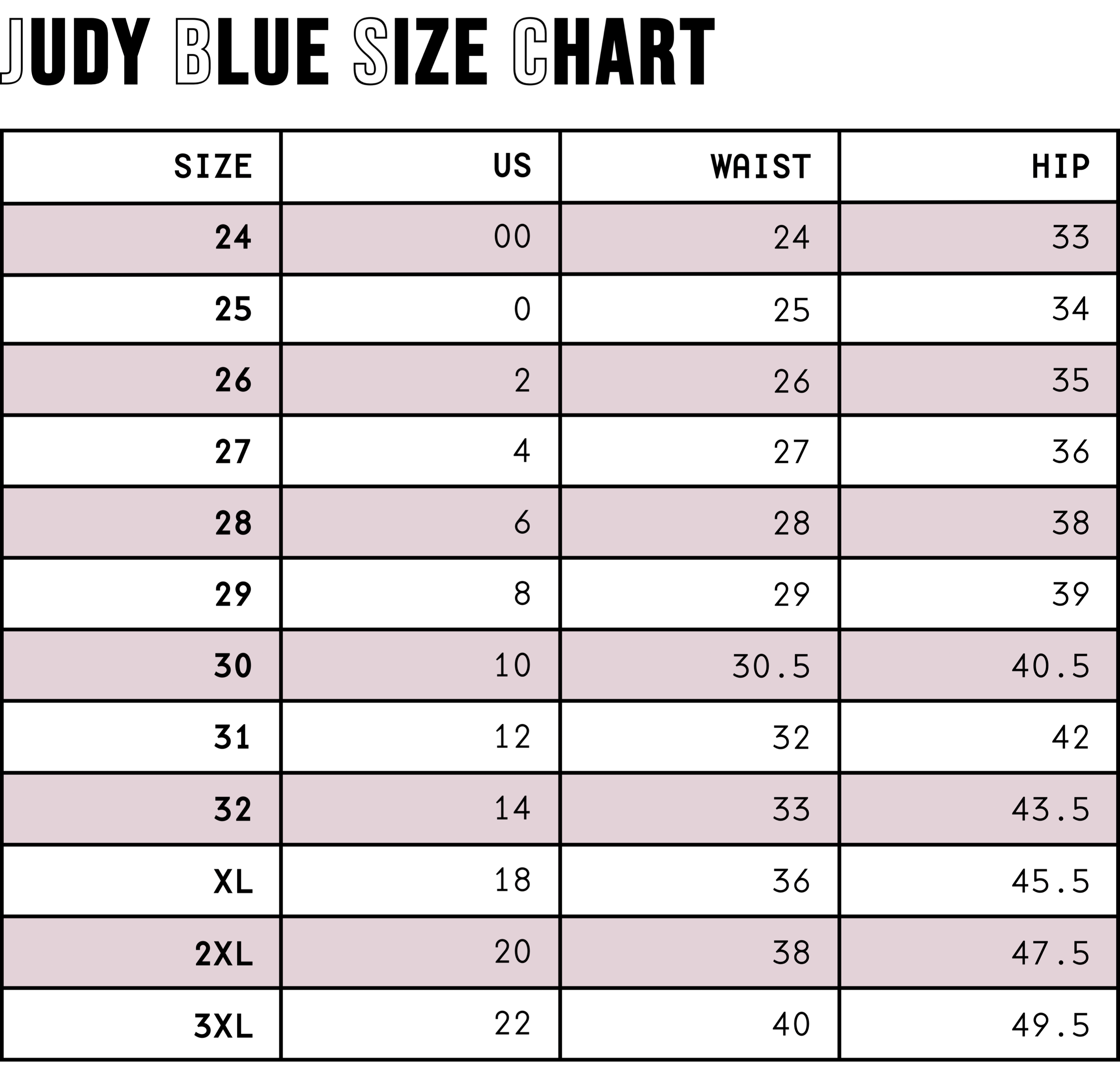 Atomic Wildflower Judy Blue Jeans Size chart displaying waist and hip measurements for various jean sizes on a soft muted pink background