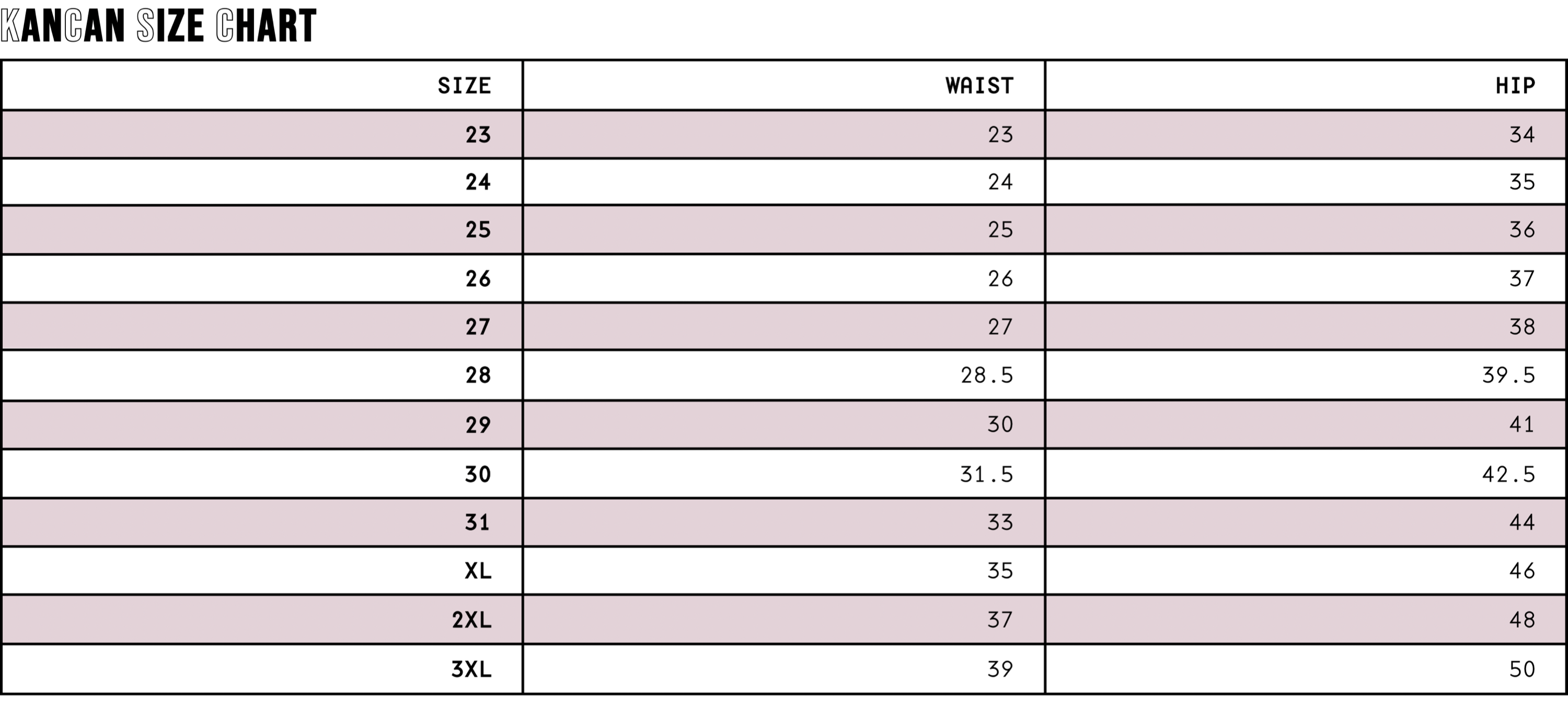 Atomic Wildflower Kancan Jeans Size chart displaying waist and hip measurements for various jean sizes on a soft muted pink background