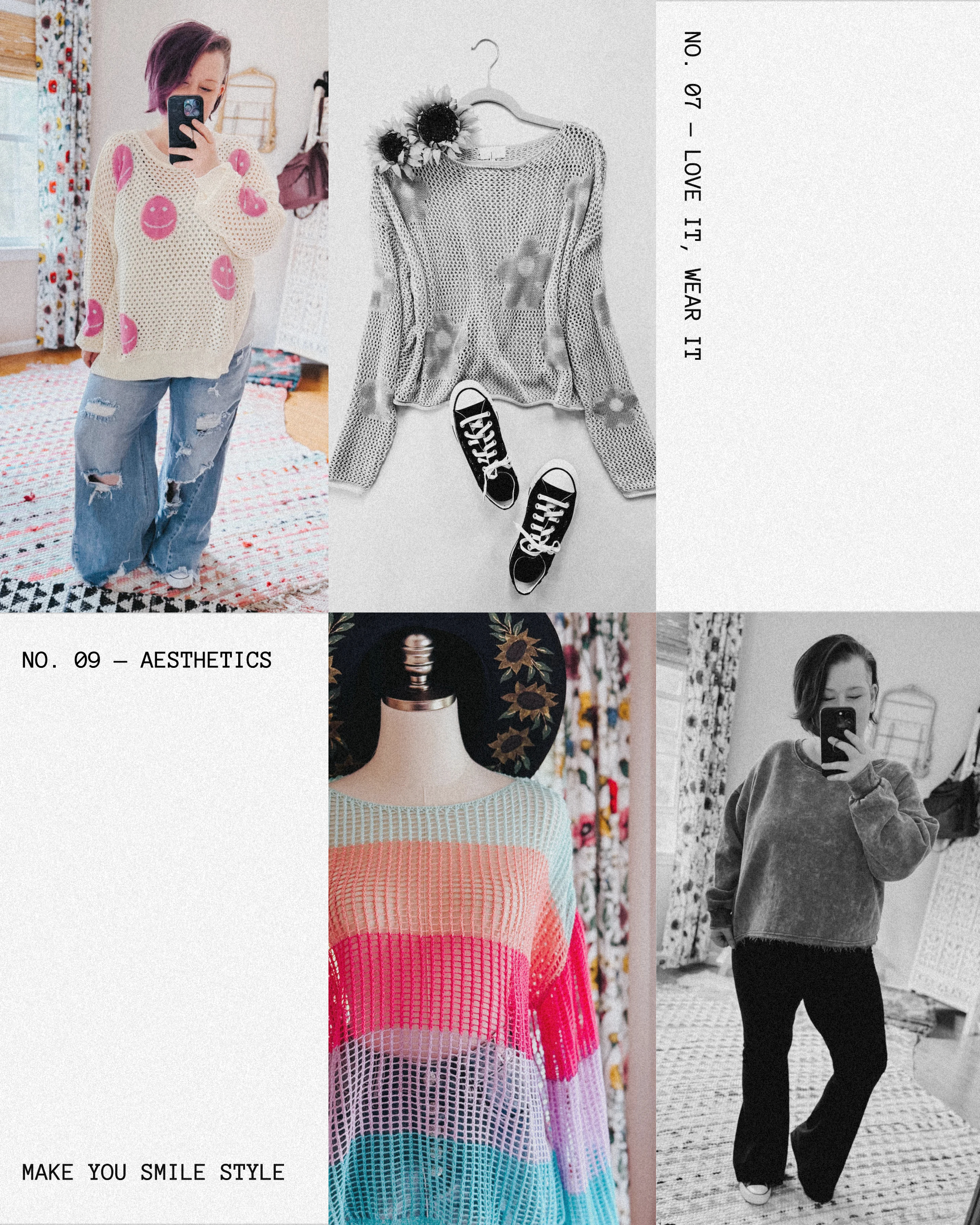 Casual fashion collage with knit sweaters, relaxed fits, and colorful tops styled on model and hanger