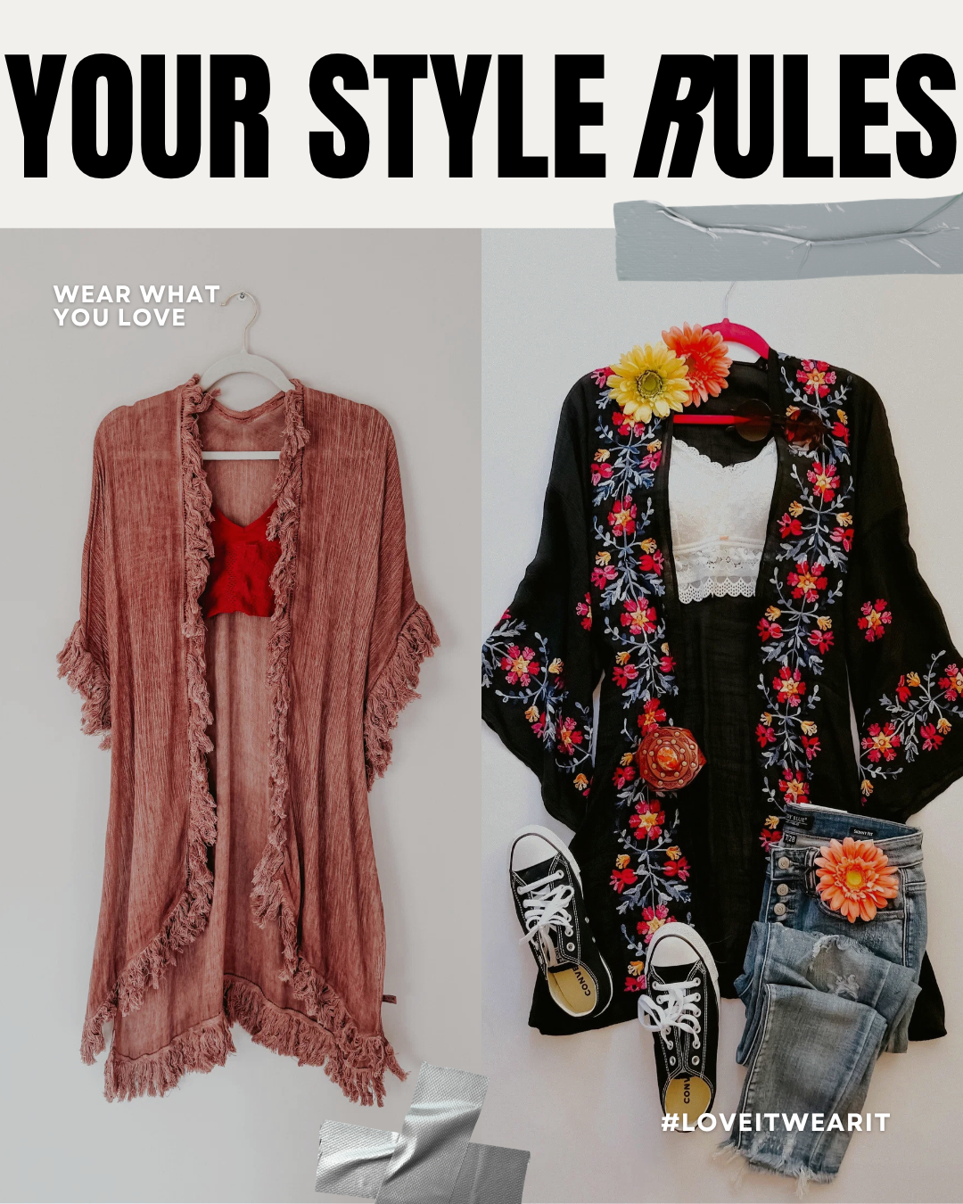 Casual fashion collage with knit sweaters, relaxed fits, and colorful tops styled on model and hanger