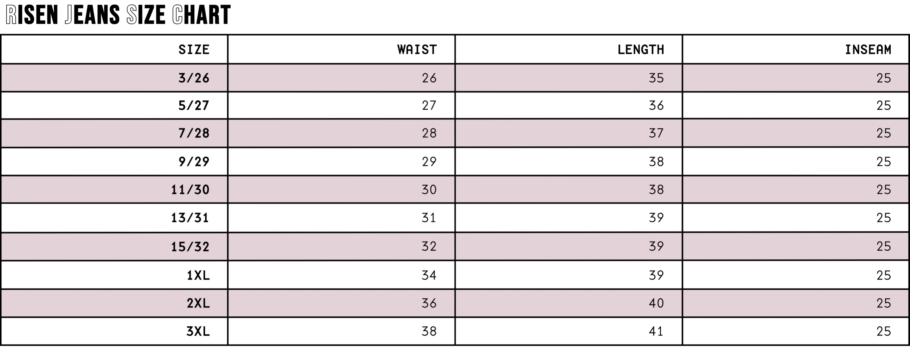 Atomic Wildflower Risen Jeans Size chart displaying waist, hip, and inseam measurements for various jean sizes on a soft muted pink background