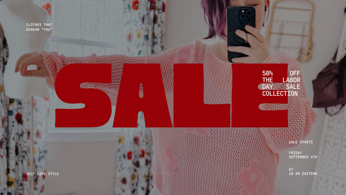 Pink knitted sweater with floral pattern hanging on white decorative wall with text overlay about 4th of July sale discount