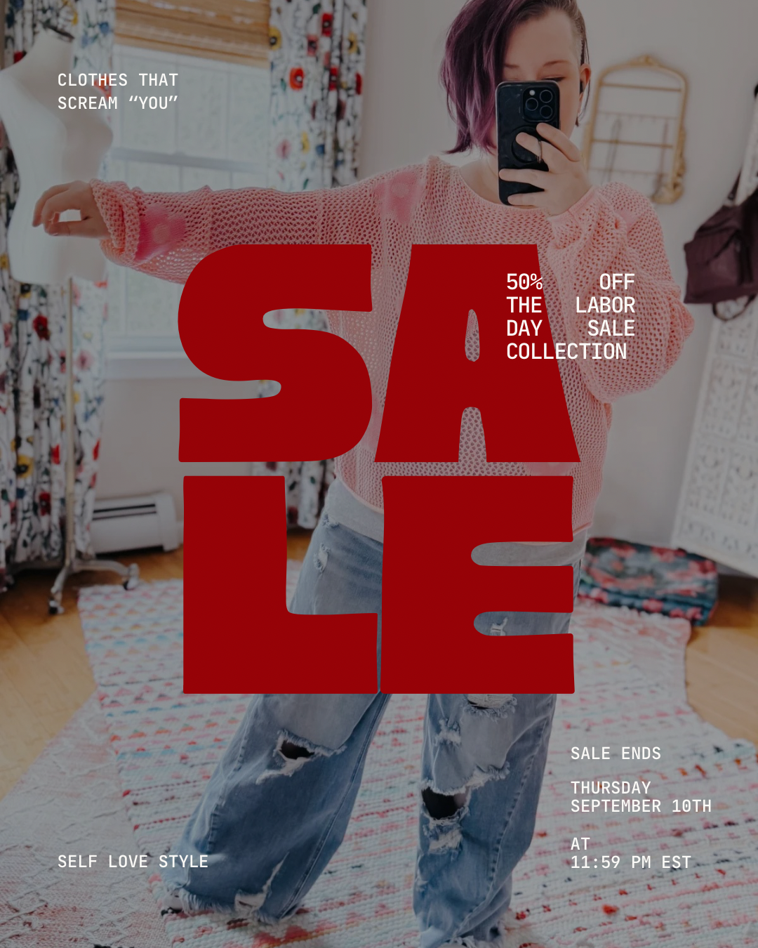 Collage of clothing and accessories including pink floral sweater and yellow beanie with smiley face for summer sale event