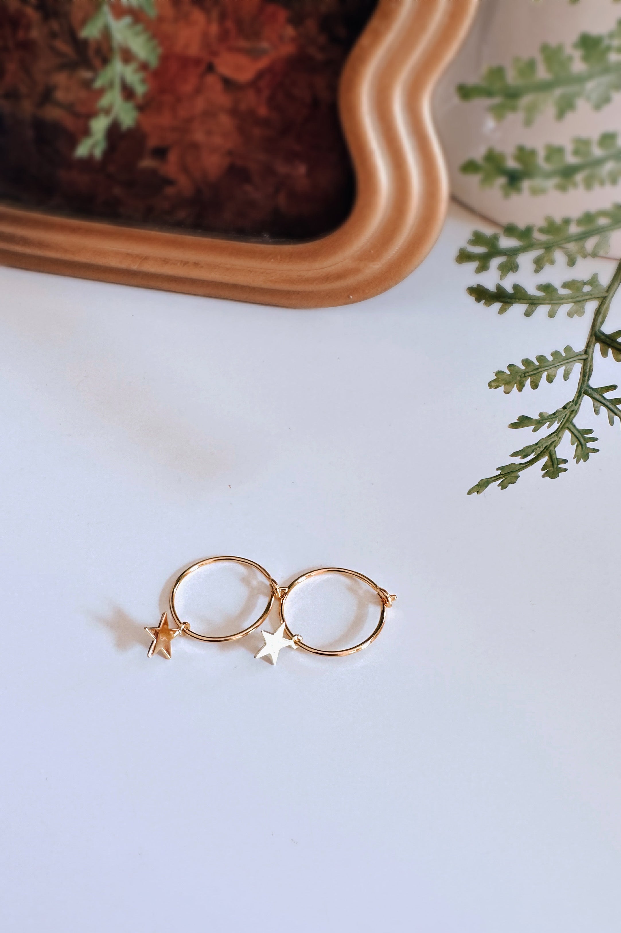Delicate gold hoop earrings each featuring a small star charm, photographed beside a wavy-framed mirror and green fern leaves.