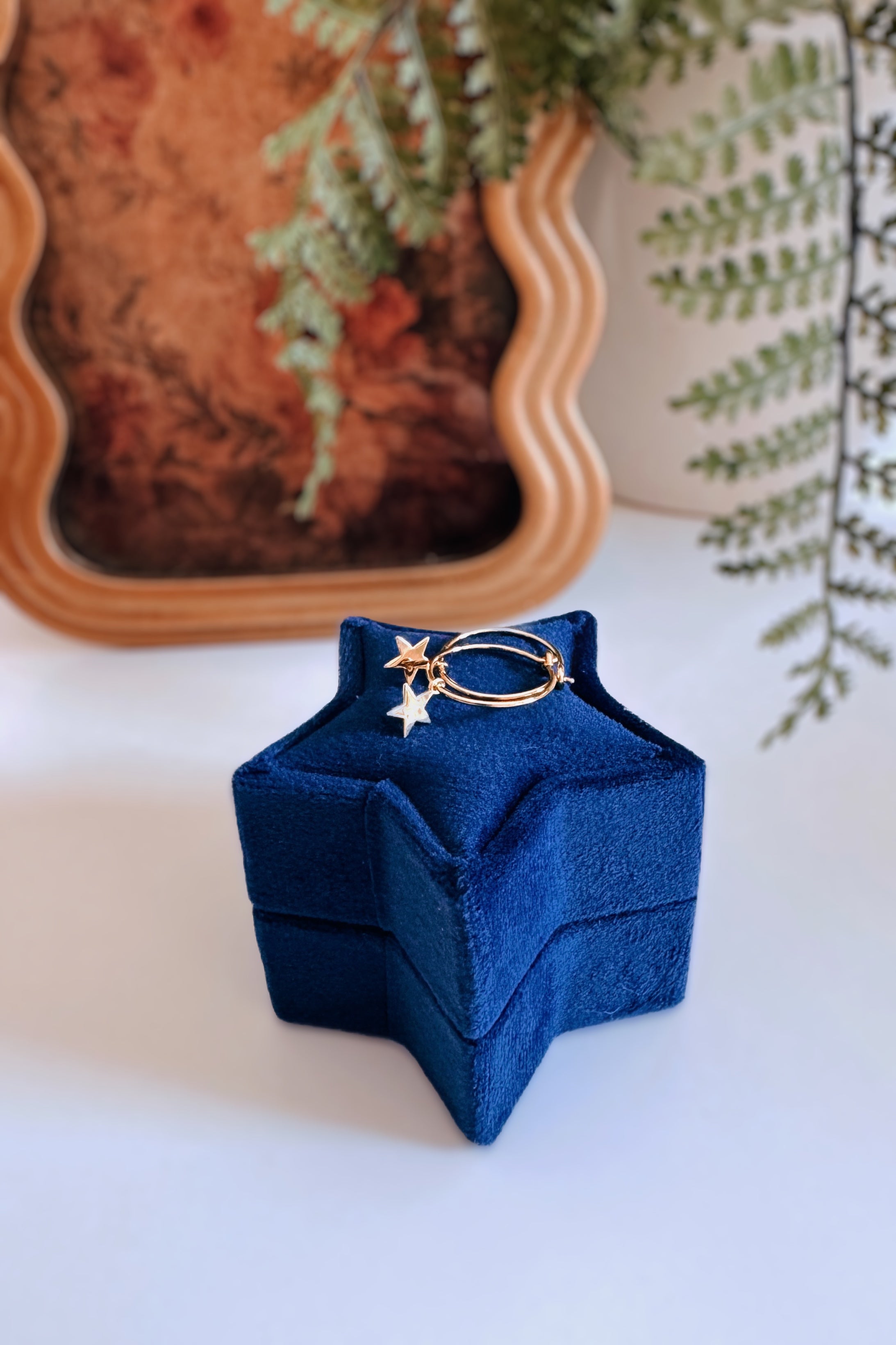 Gold star hoop earrings displayed on a navy blue star-shaped velvet jewelry box with decorative plants background