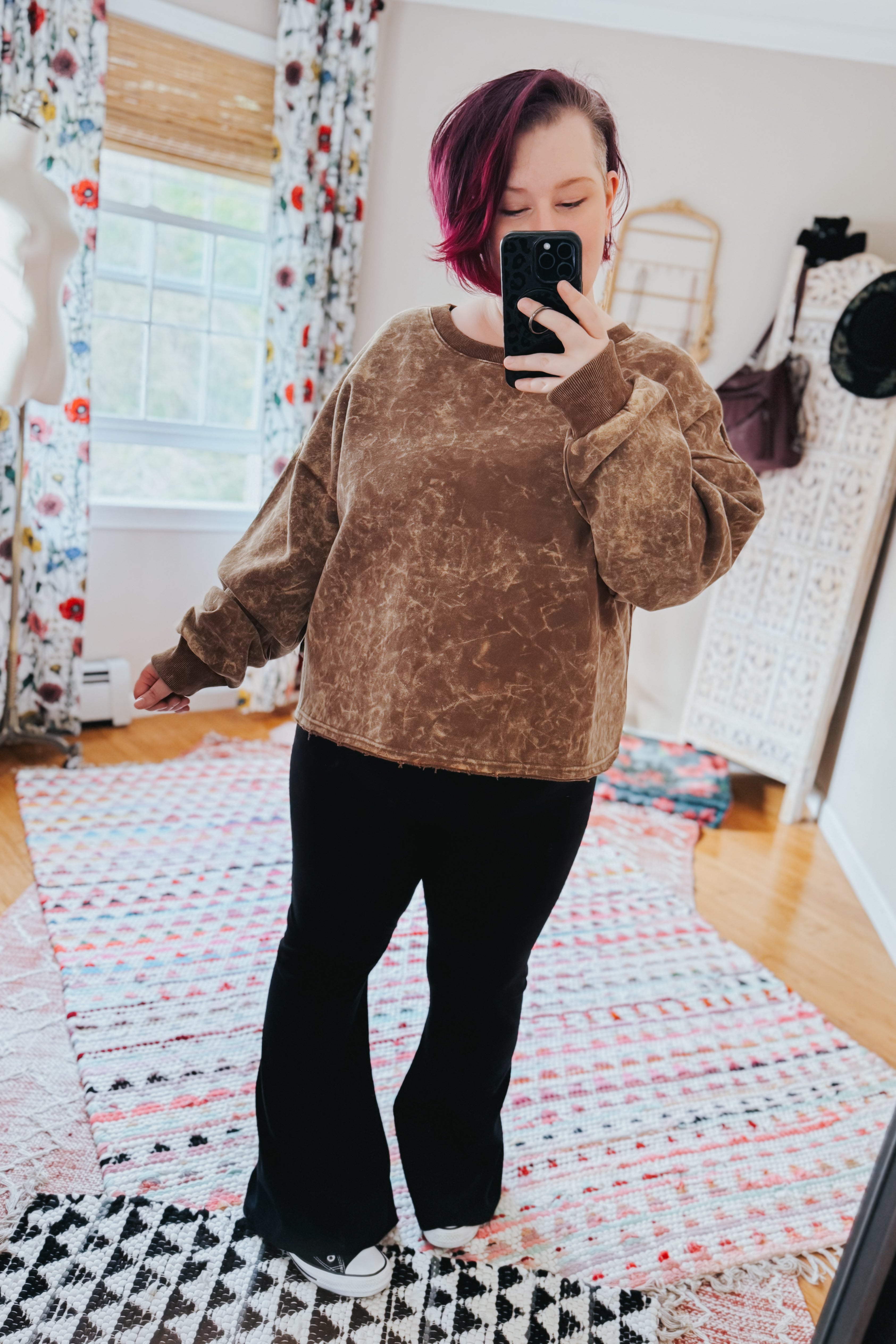 Person taking mirror selfie wearing mocha acid wash oversized cropped pullover with black flare pants indoors, gallery 0, IMG_9318_jpg.jpg