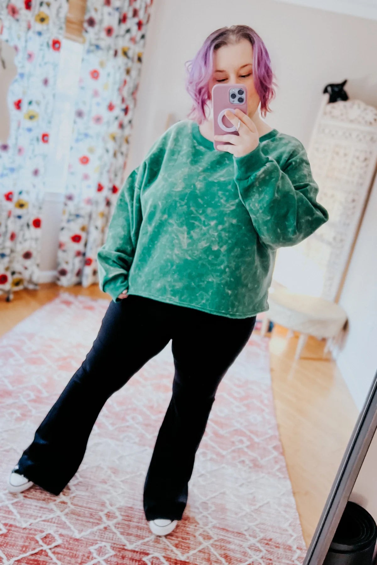 Individual taking mirror photo wearing sea green acid wash oversized pullover with long sleeves and black pants indoors, IMG_9835.webp