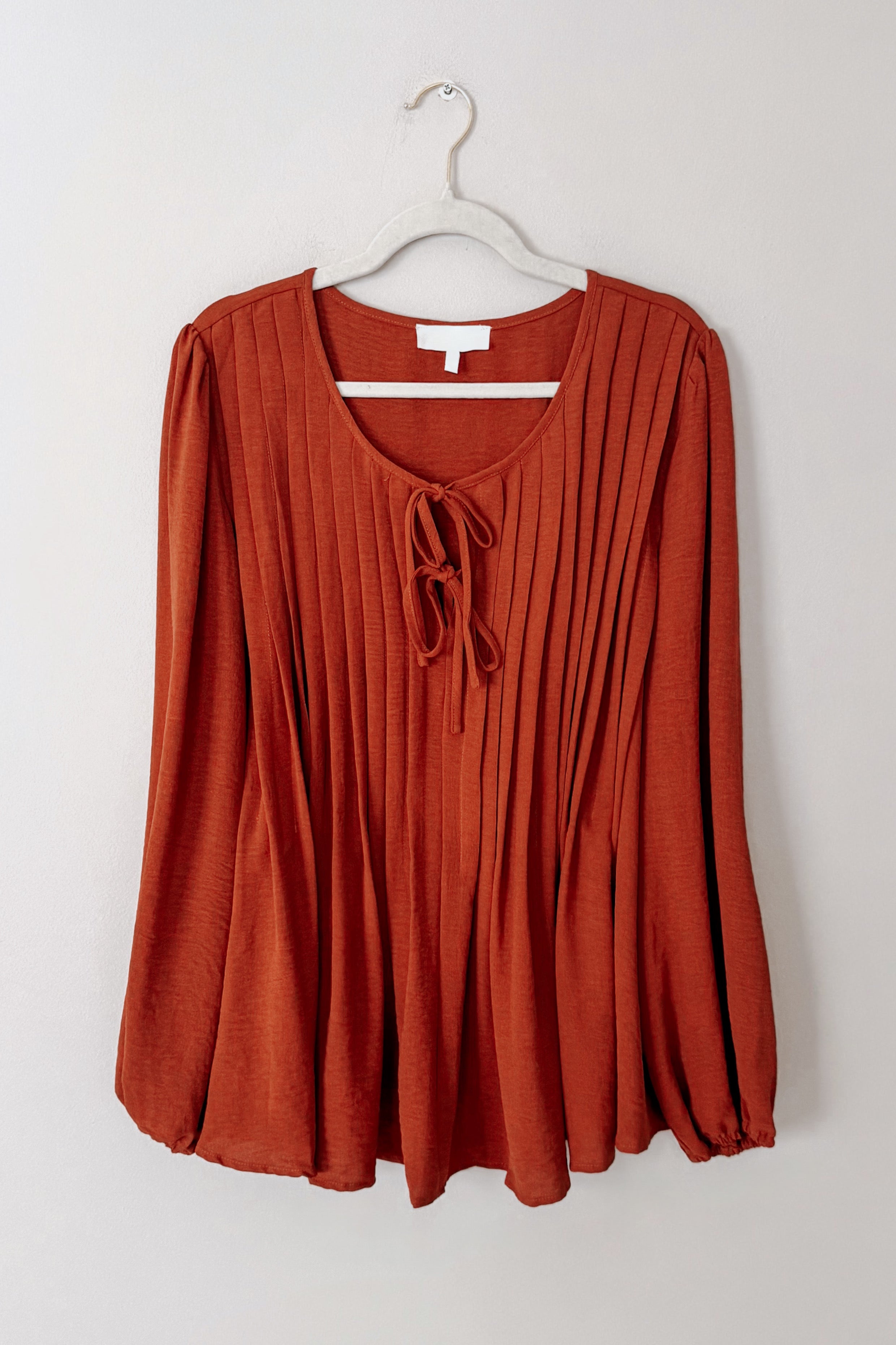 Rust-colored pleated blouse with long sleeves and double tie neckline hanging on white hanger against light wall