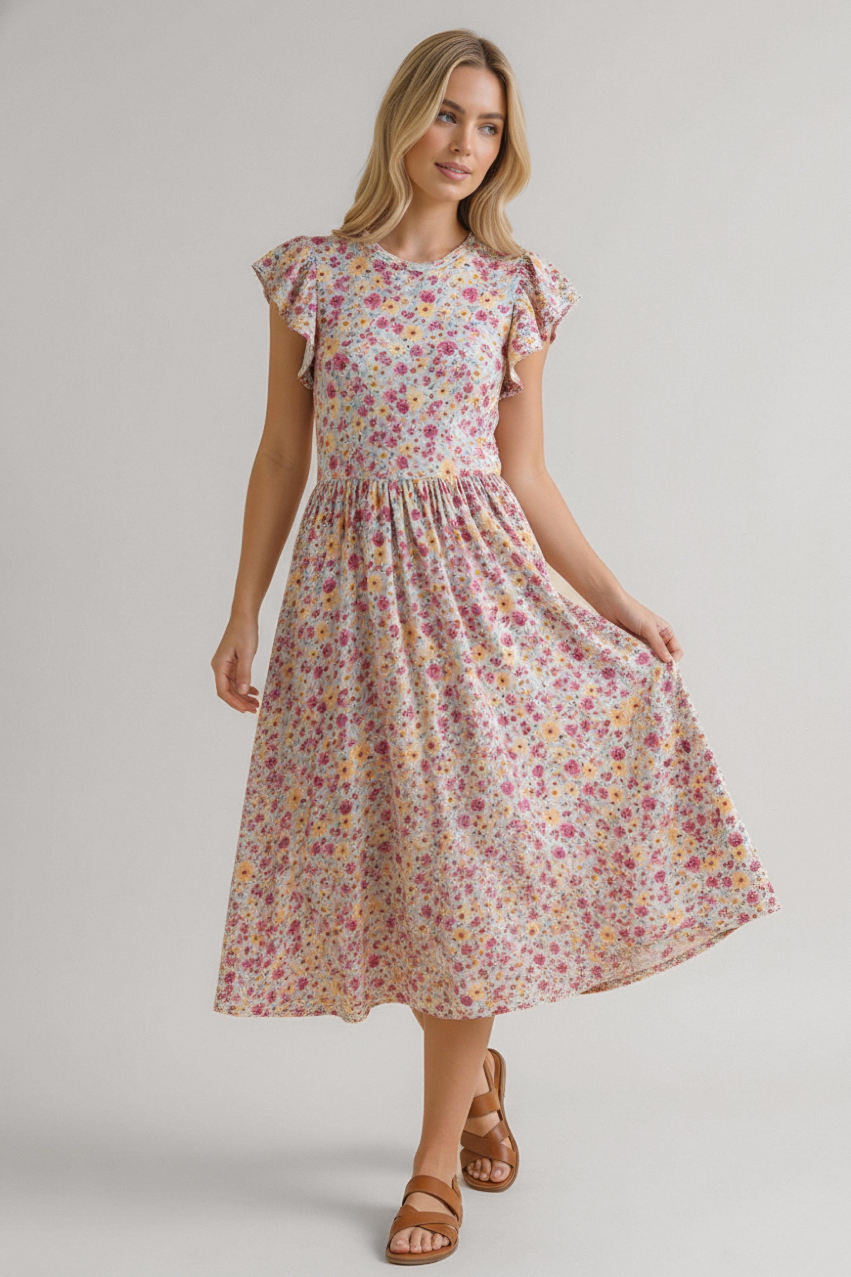 Woman wearing a pink floral midi dress with flutter sleeves and a gathered waist paired with brown strappy sandals