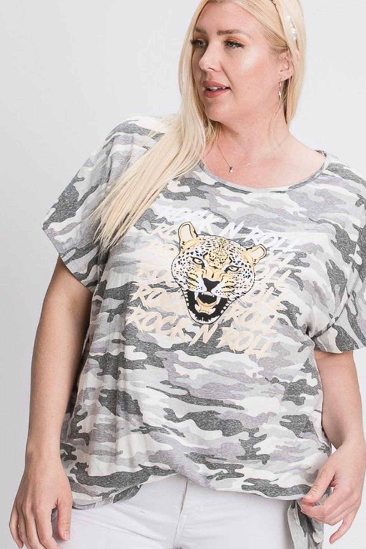 Grey camo tee with roaring leopard graphic worn by woman with long blonde hair and pearl headband