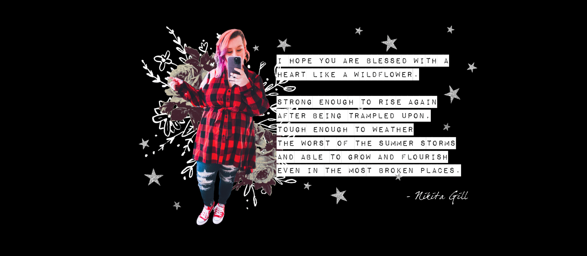 Red plaid tunic outfit with jeans and sneakers styled over wildflower quote graphic and stars