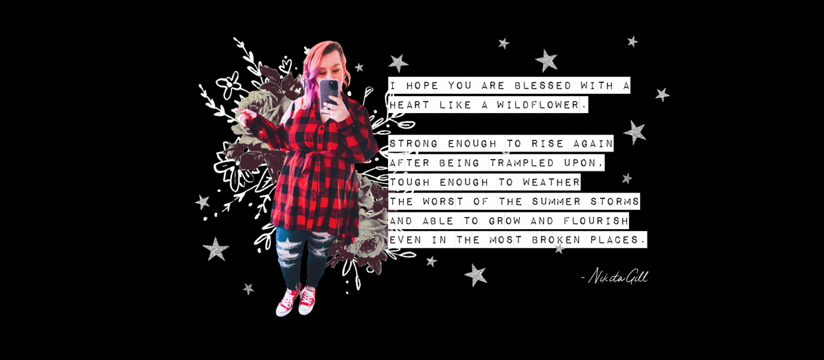 Red plaid tunic outfit with jeans and sneakers styled over wildflower quote graphic and stars