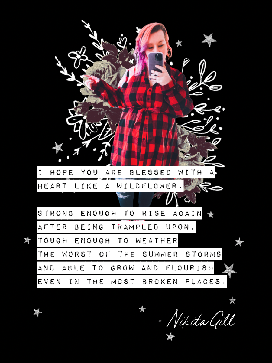 Red plaid tunic outfit with jeans and sneakers styled over wildflower quote graphic and stars