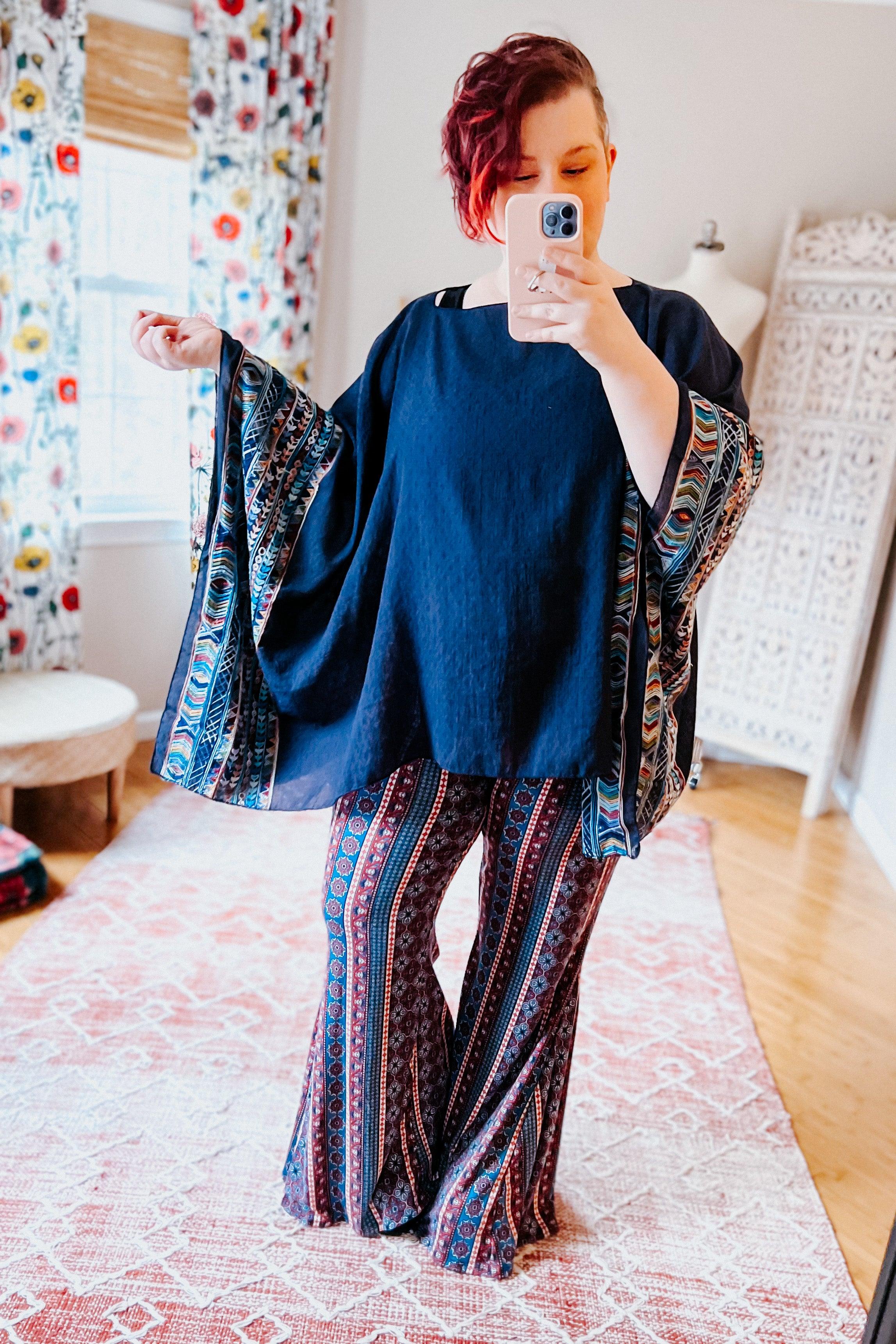 Elevated Embroidered Sleeve Light Poncho • Navy - Atomic Wildflower