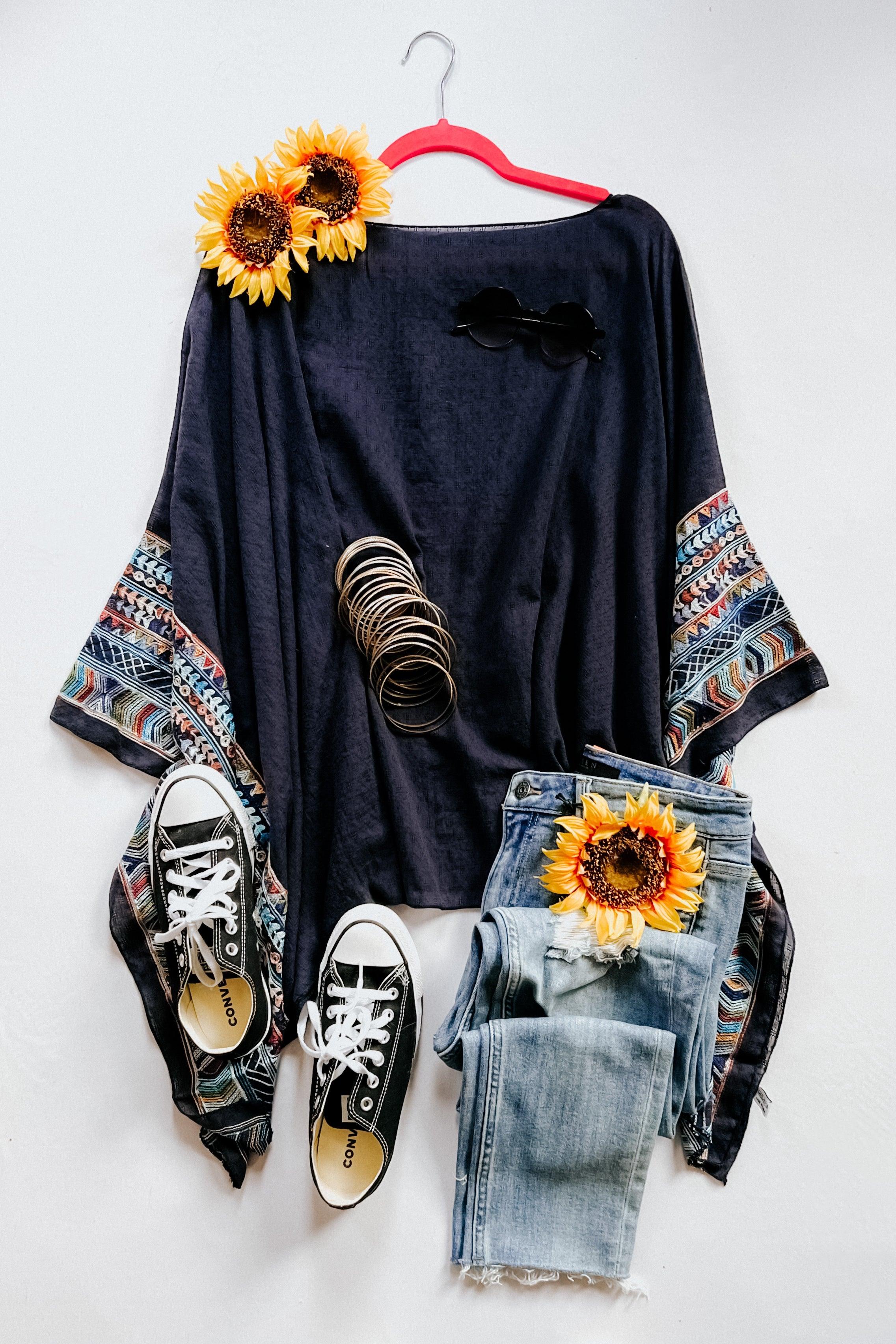 Elevated Embroidered Sleeve Light Poncho • Navy - Atomic Wildflower