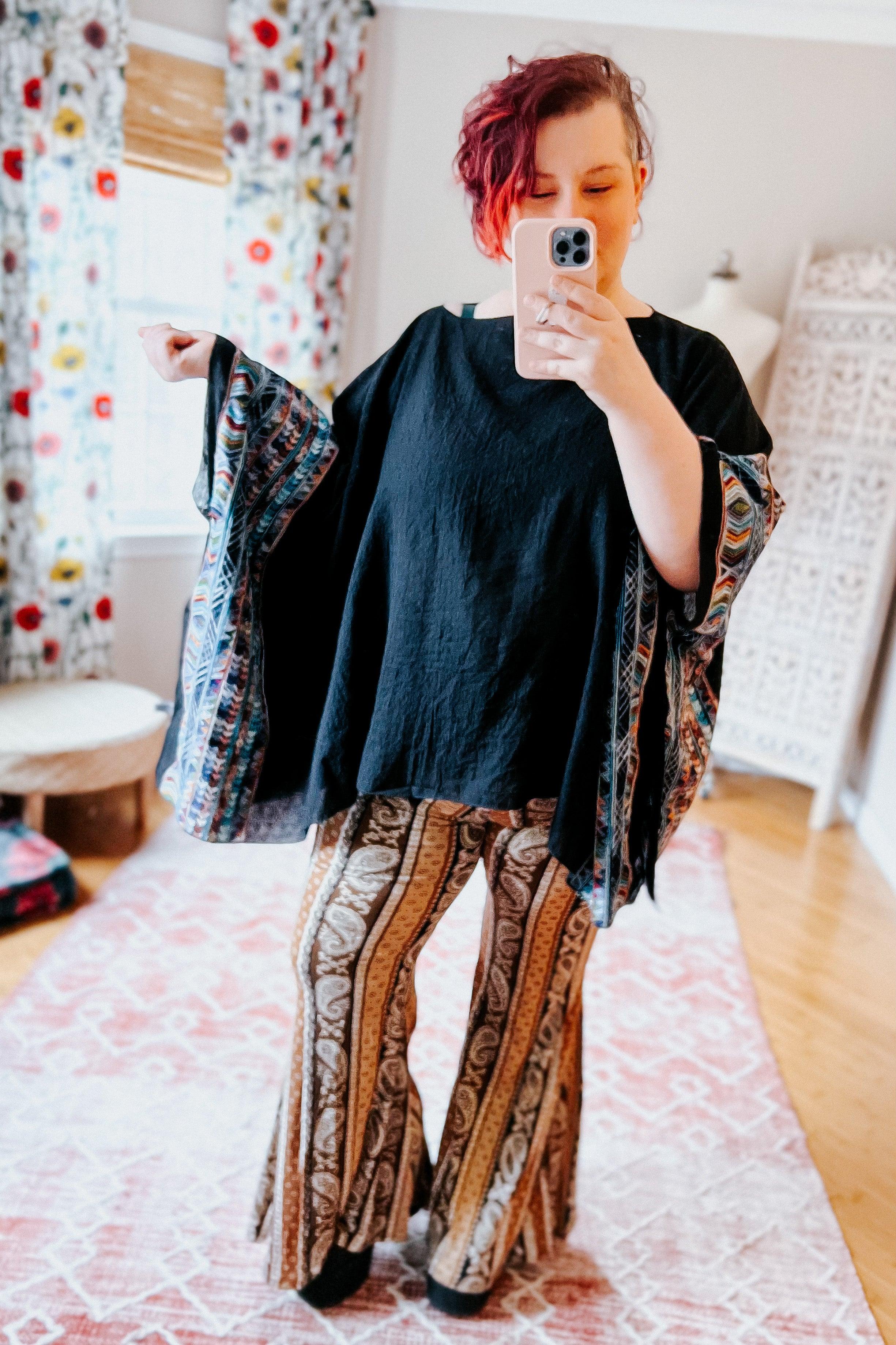 Elevated Embroidered Sleeve Light Poncho • Black - Atomic Wildflower