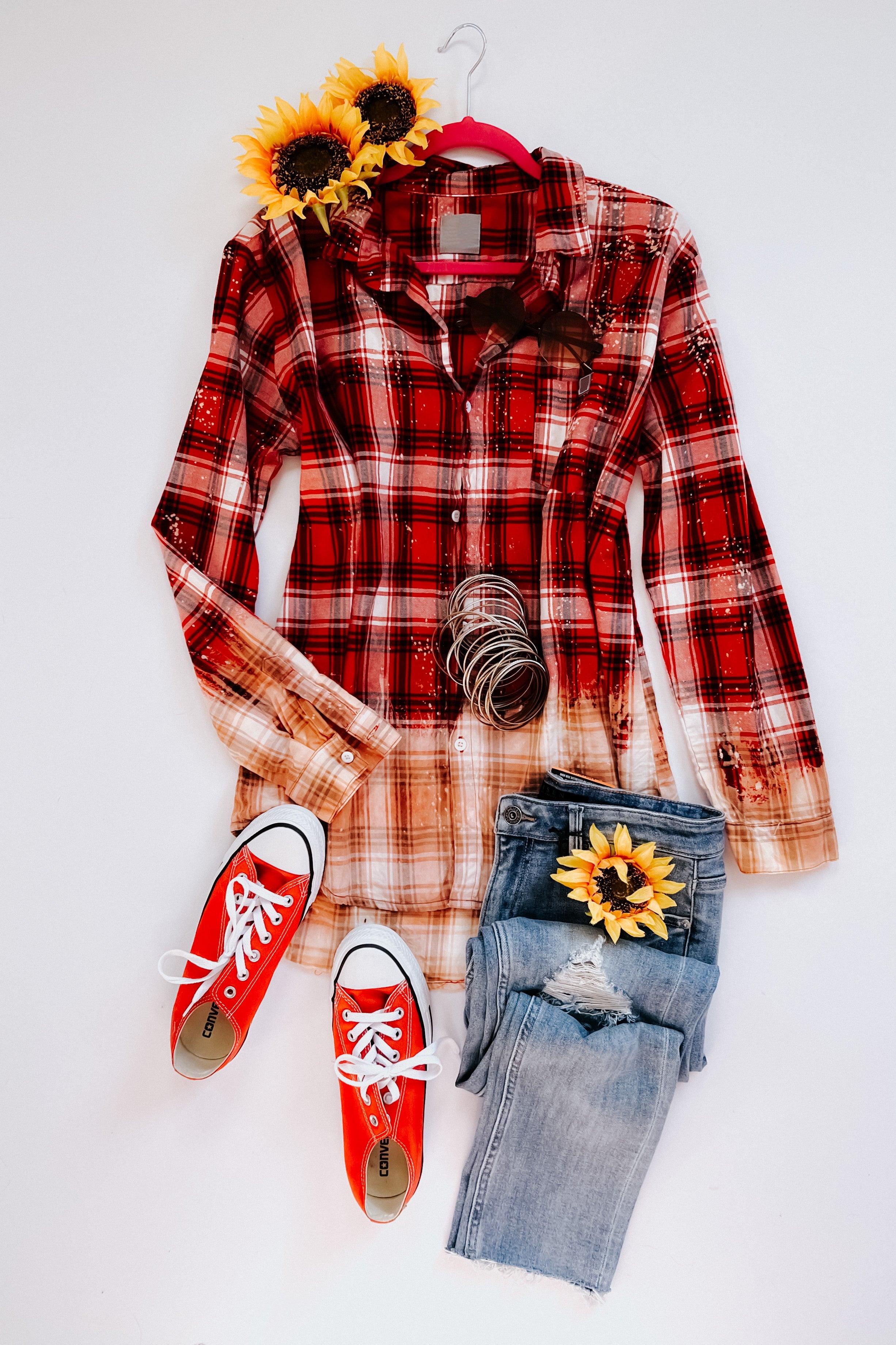 Badass Bleached Plaid Flannel • Red - Atomic Wildflower