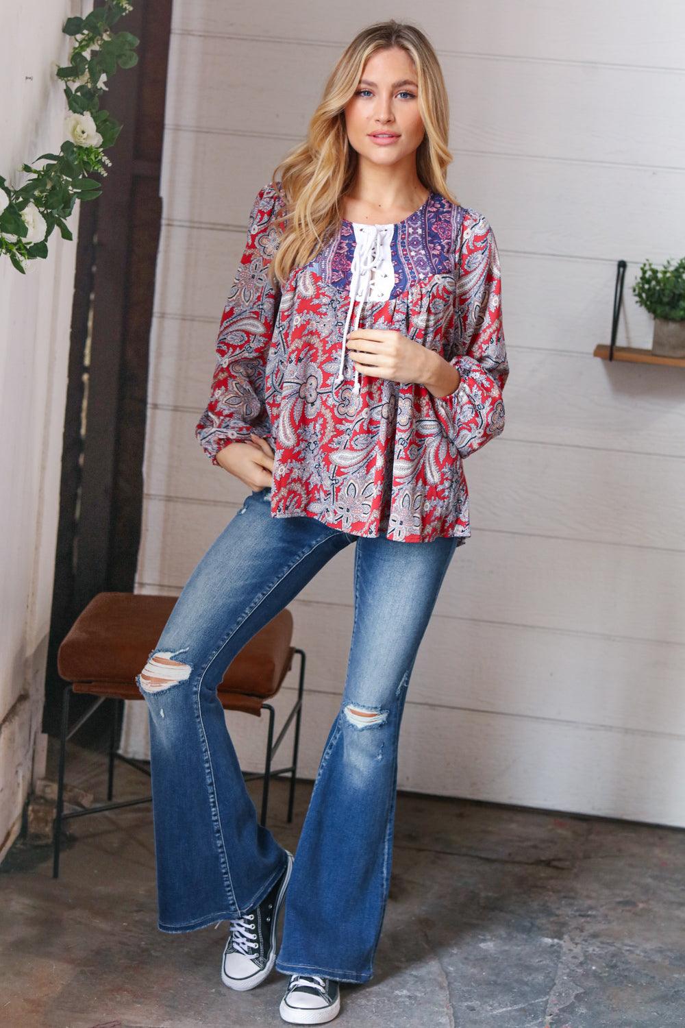 Rosemary Boho Lace Up Babydoll Blouse • Blue - Atomic Wildflower