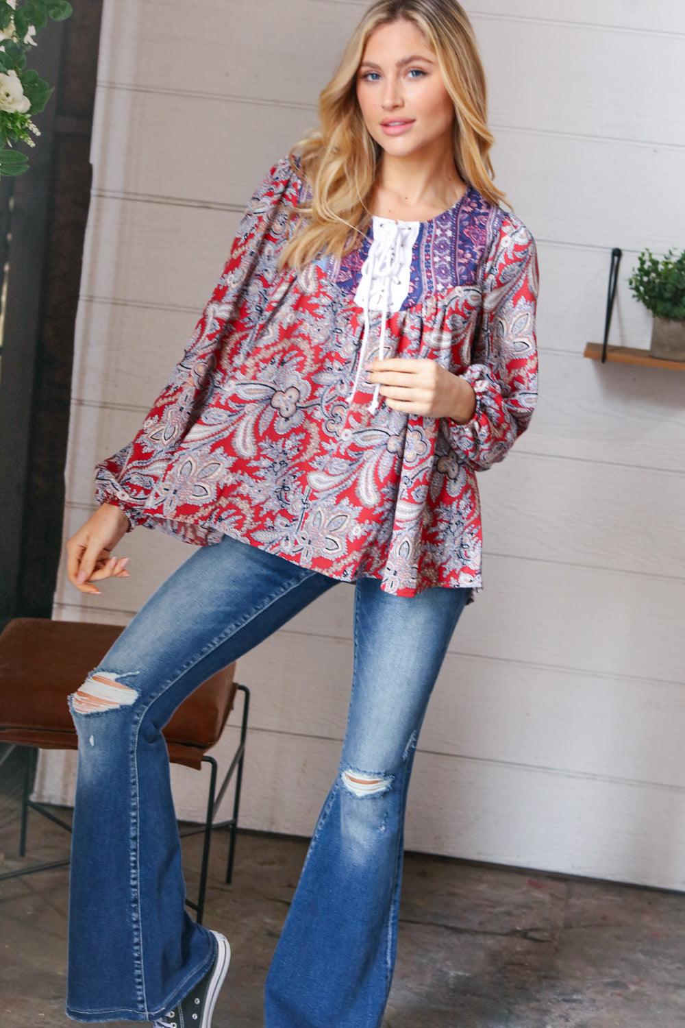 Rosemary Boho Lace Up Babydoll Blouse • Blue - Atomic Wildflower