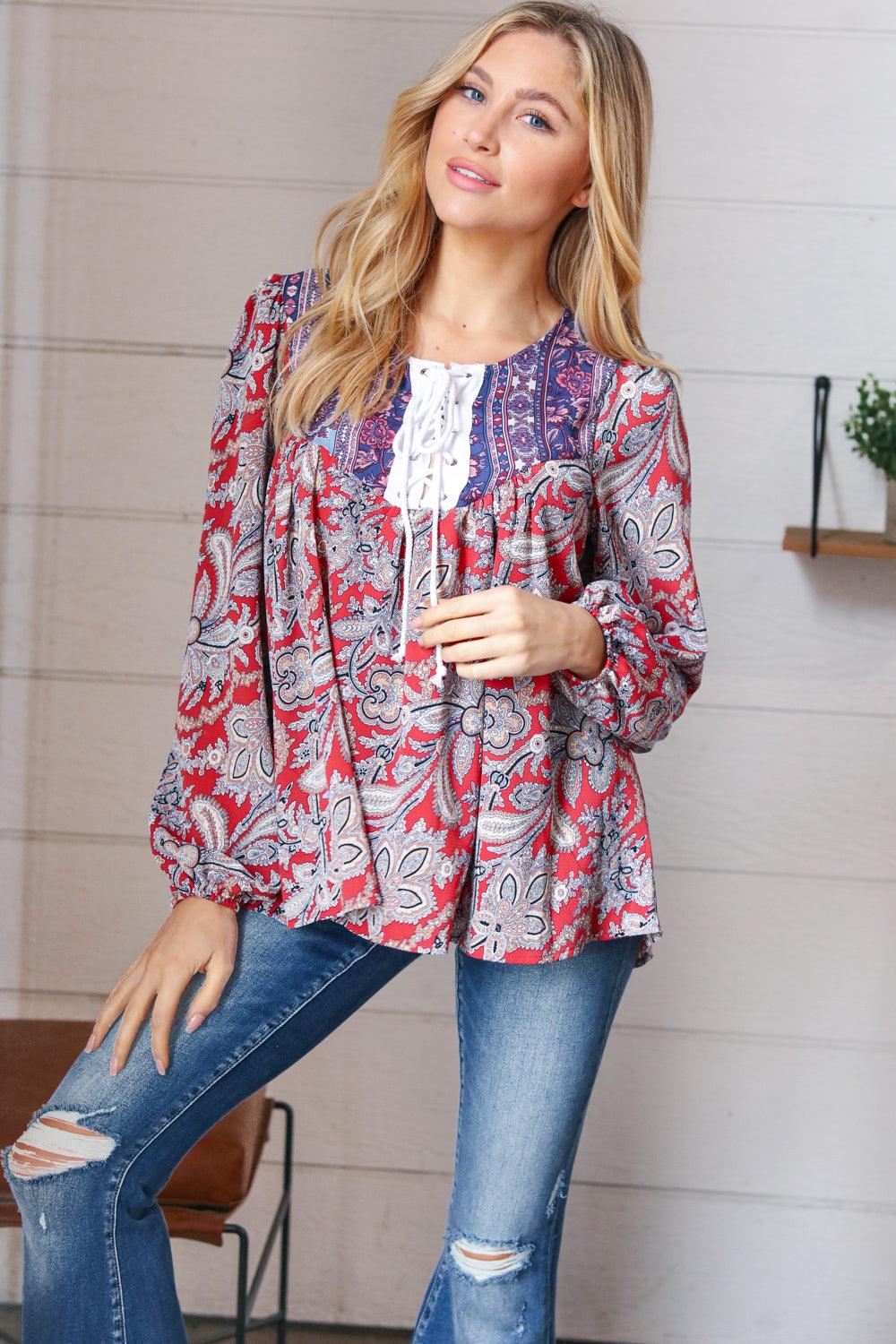 Rosemary Boho Lace Up Babydoll Blouse • Blue - Atomic Wildflower
