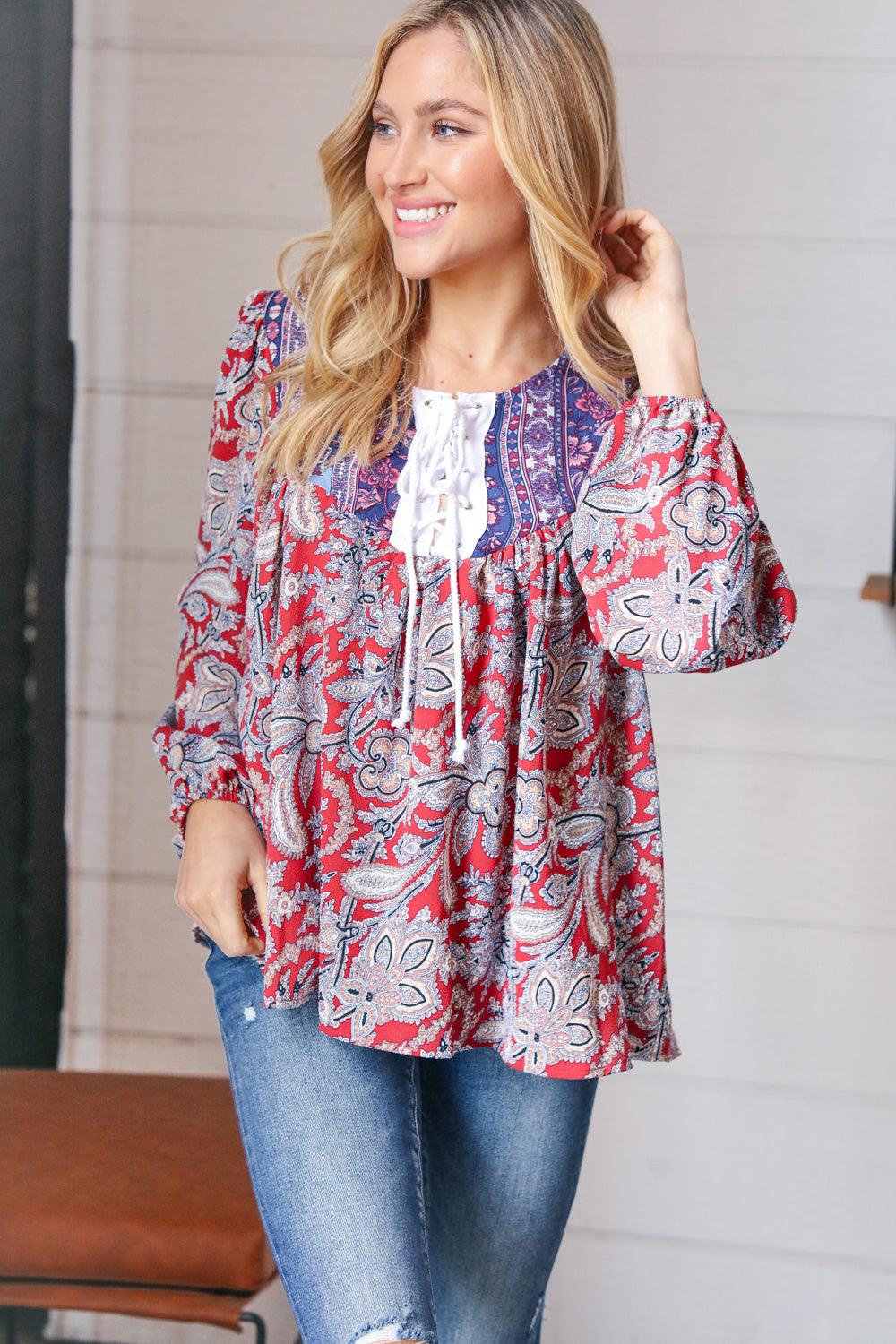 Rosemary Boho Lace Up Babydoll Blouse • Blue - Atomic Wildflower