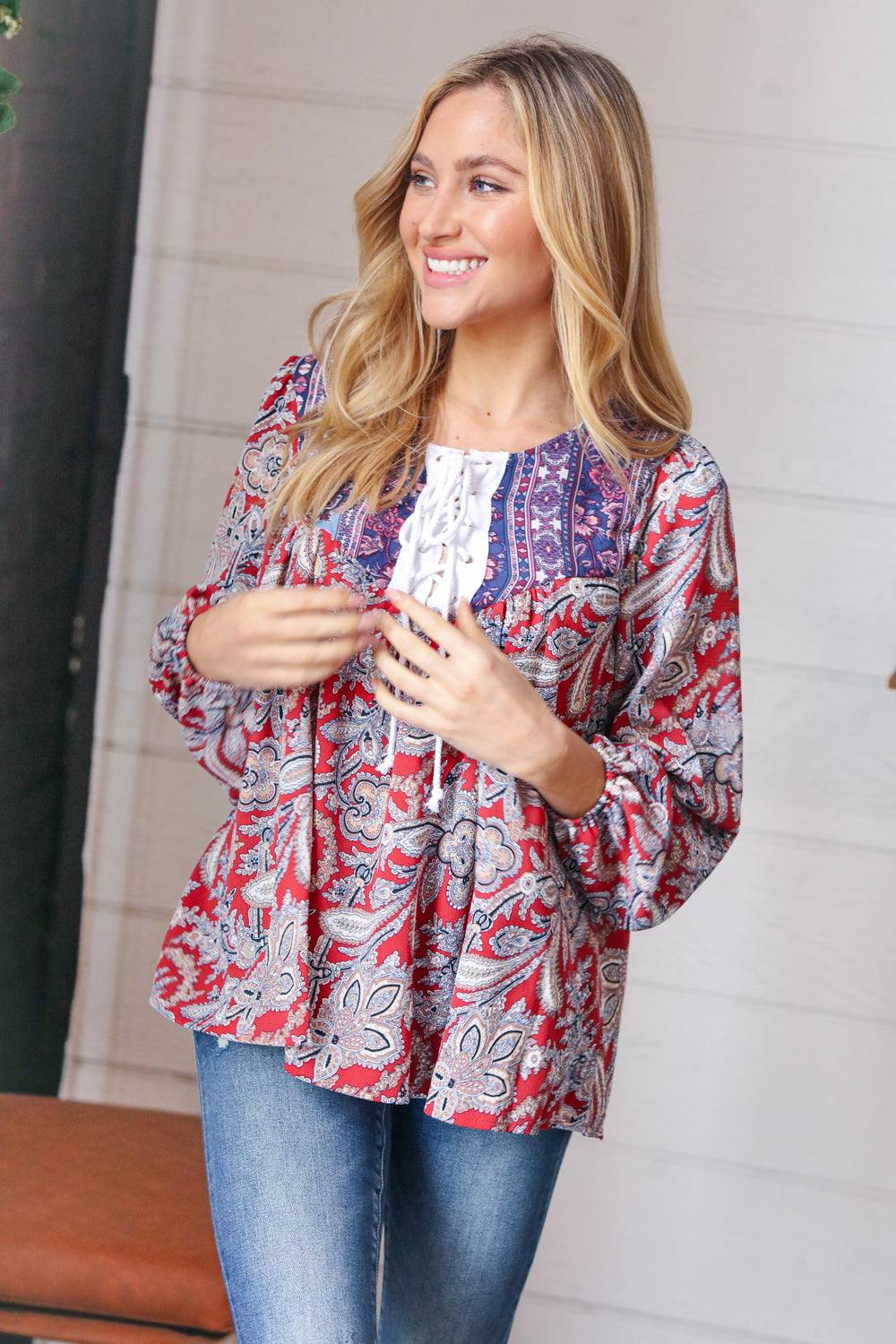Rosemary Boho Lace Up Babydoll Blouse • Blue - Atomic Wildflower
