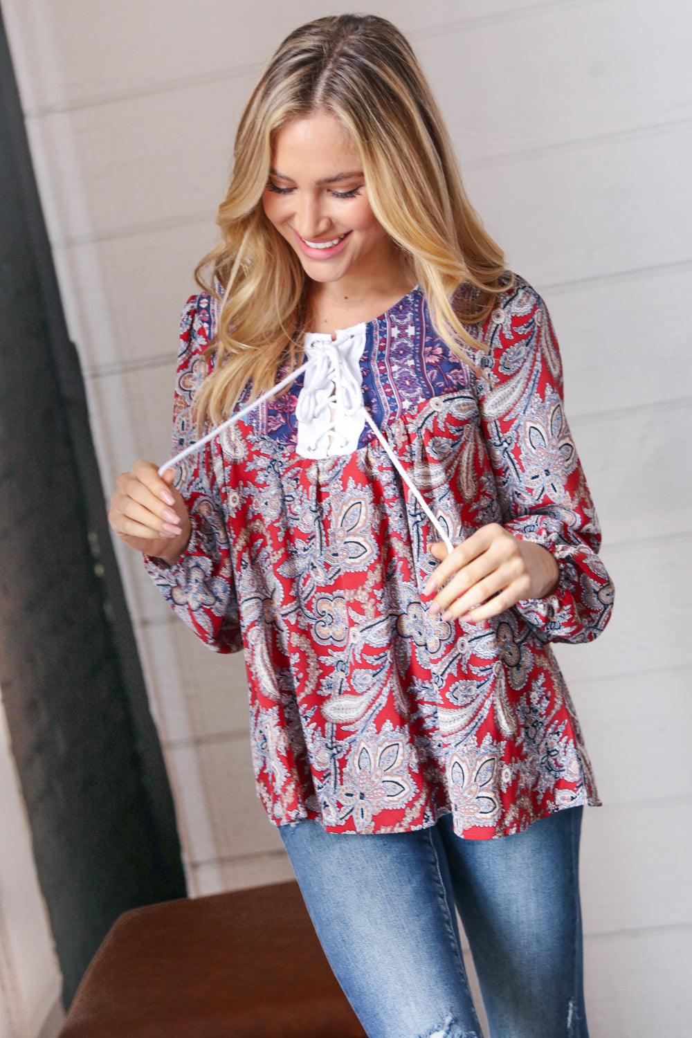 Rosemary Boho Lace Up Babydoll Blouse • Blue - Atomic Wildflower