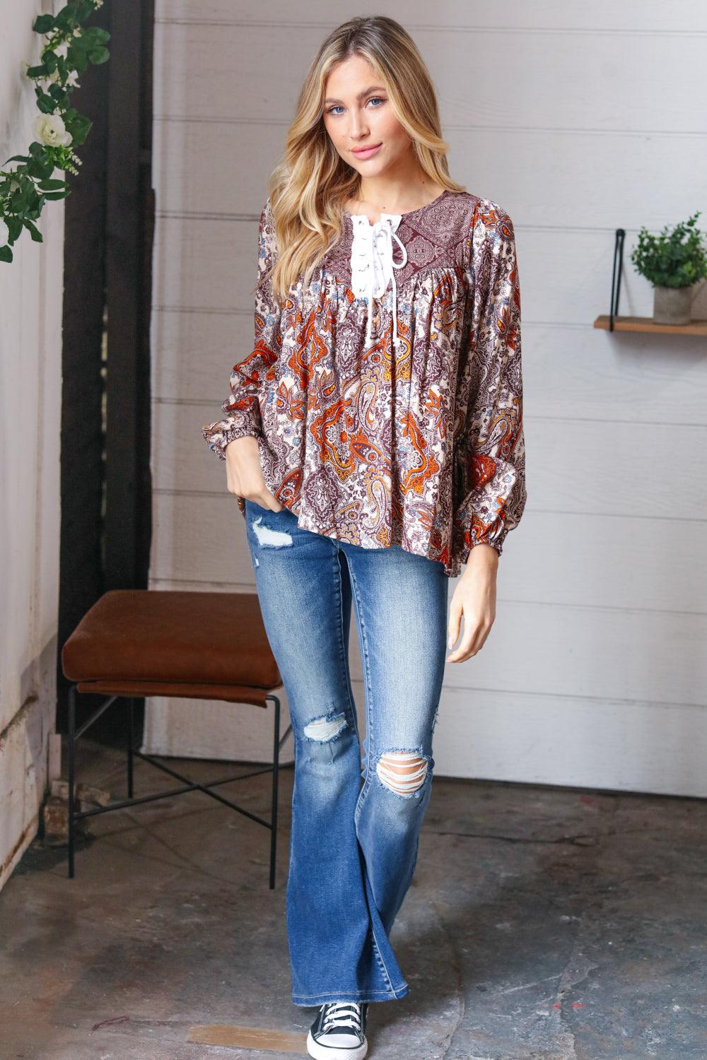 Rosemary Boho Lace Up Babydoll Blouse • Cinnamon - Atomic Wildflower