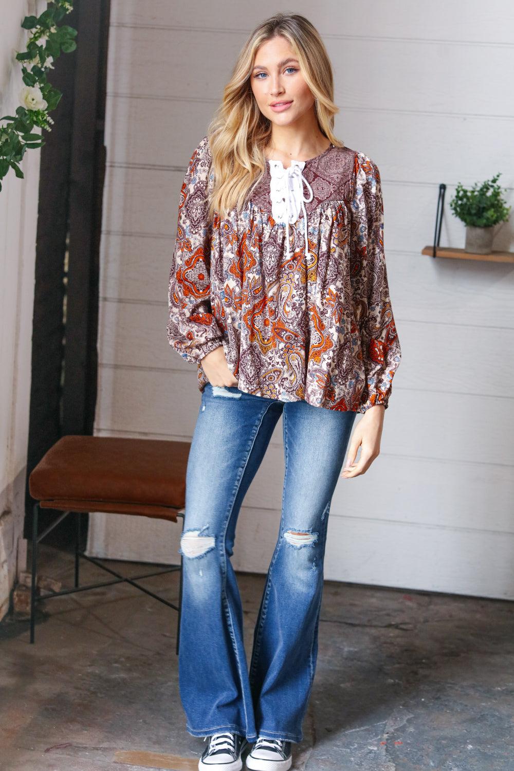 Rosemary Boho Lace Up Babydoll Blouse • Cinnamon - Atomic Wildflower