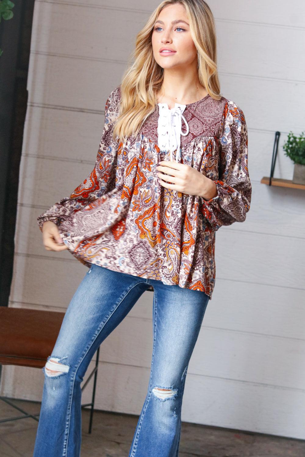 Rosemary Boho Lace Up Babydoll Blouse • Cinnamon - Atomic Wildflower