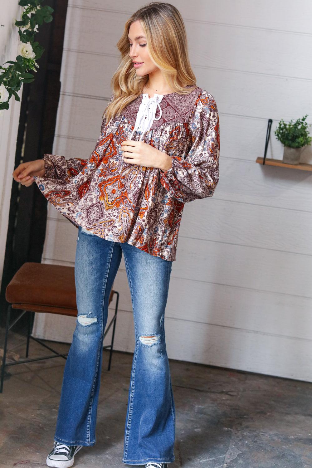 Rosemary Boho Lace Up Babydoll Blouse • Cinnamon - Atomic Wildflower