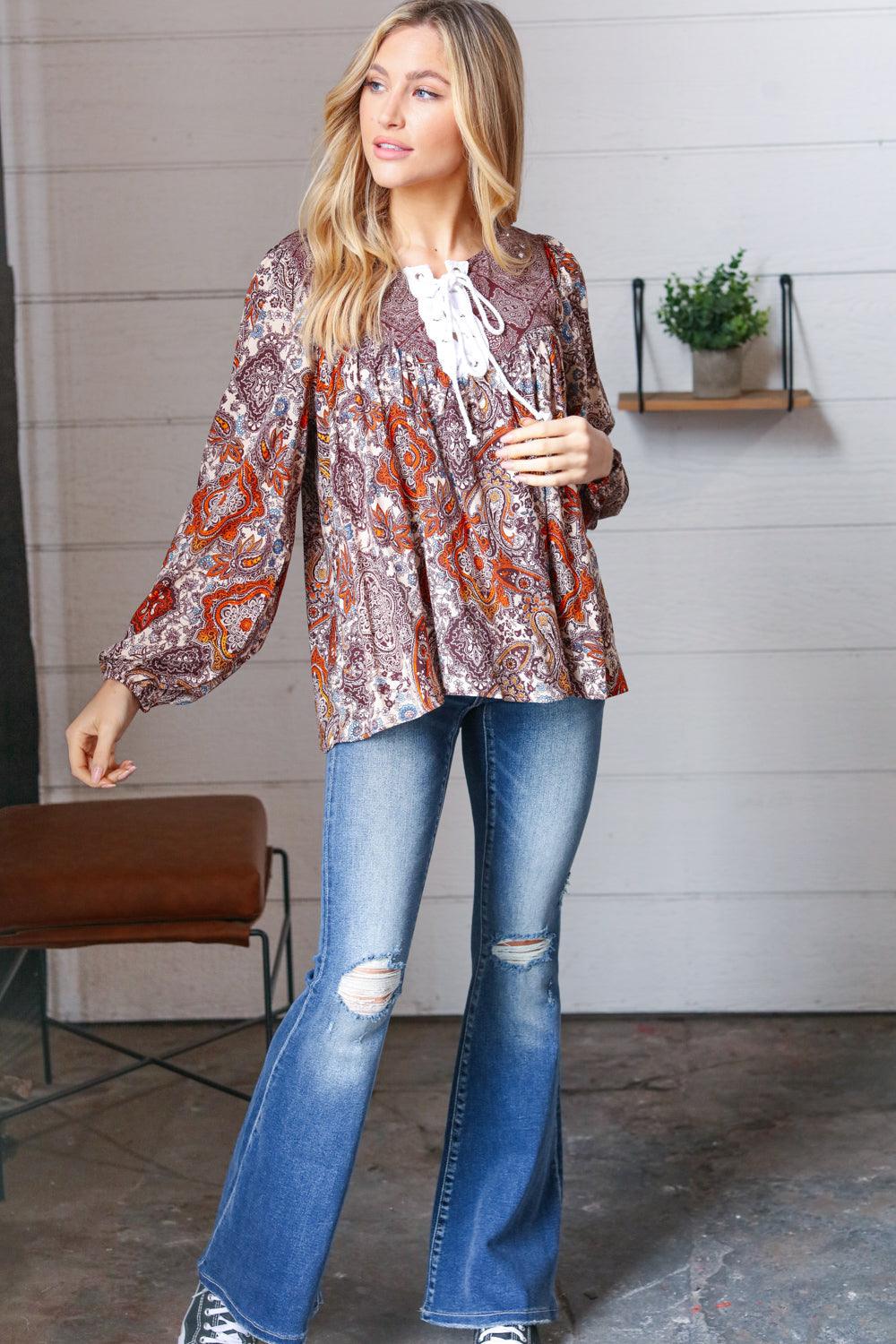 Rosemary Boho Lace Up Babydoll Blouse • Cinnamon - Atomic Wildflower