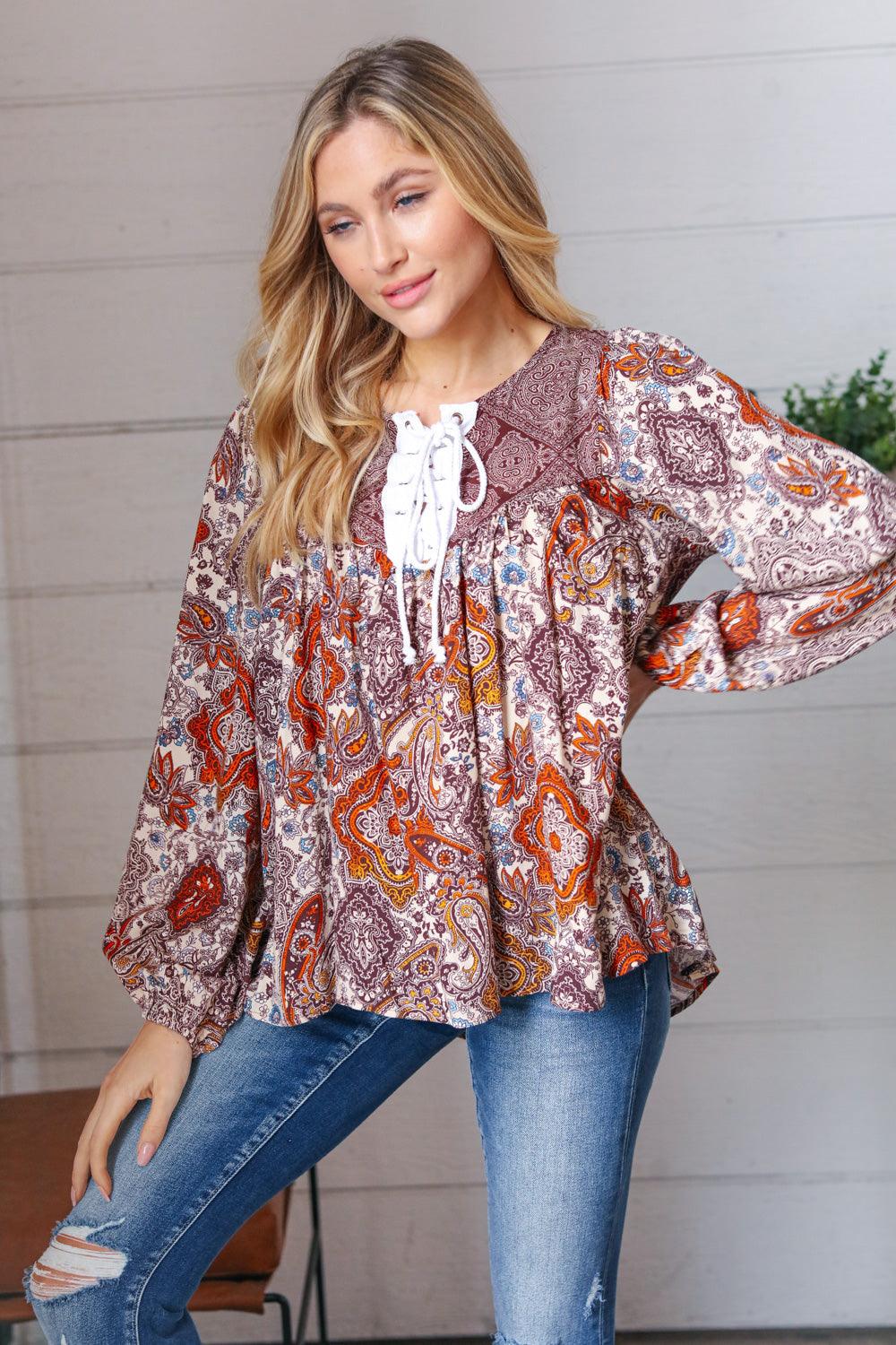 Rosemary Boho Lace Up Babydoll Blouse • Cinnamon - Atomic Wildflower