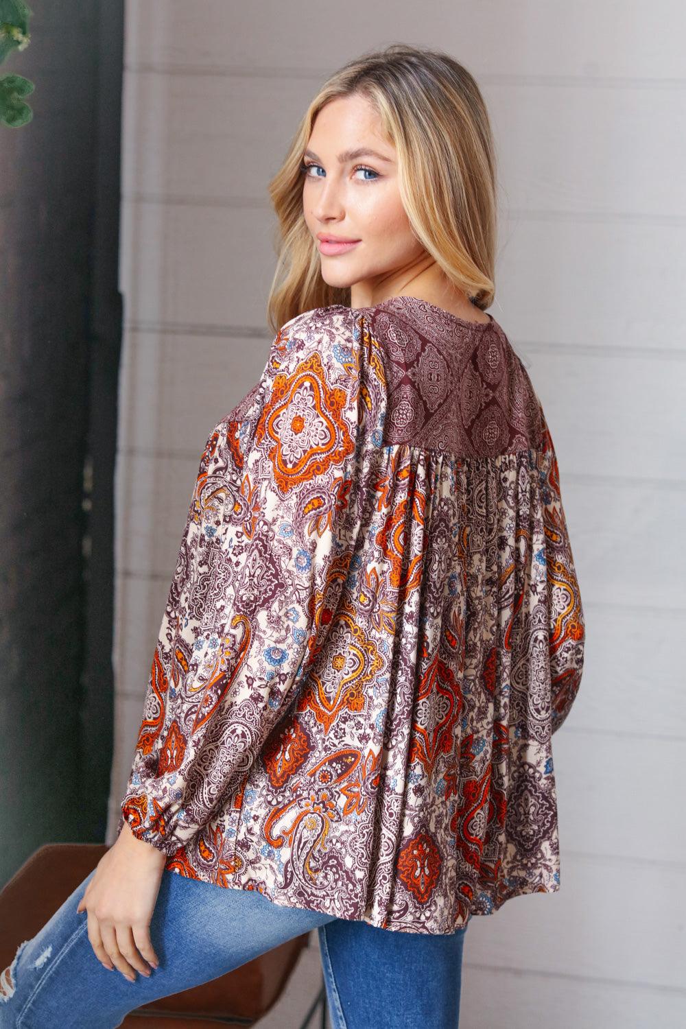 Rosemary Boho Lace Up Babydoll Blouse • Cinnamon - Atomic Wildflower