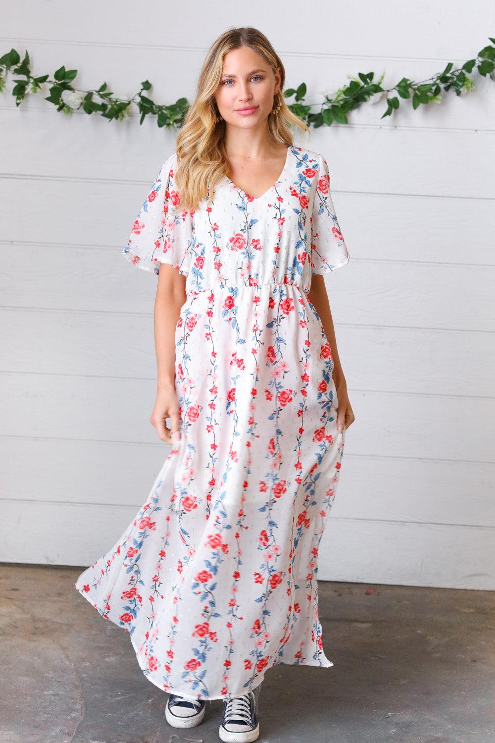 Forget Me Not Swiss Dot Chiffon Maxi Dress - Atomic Wildflower
