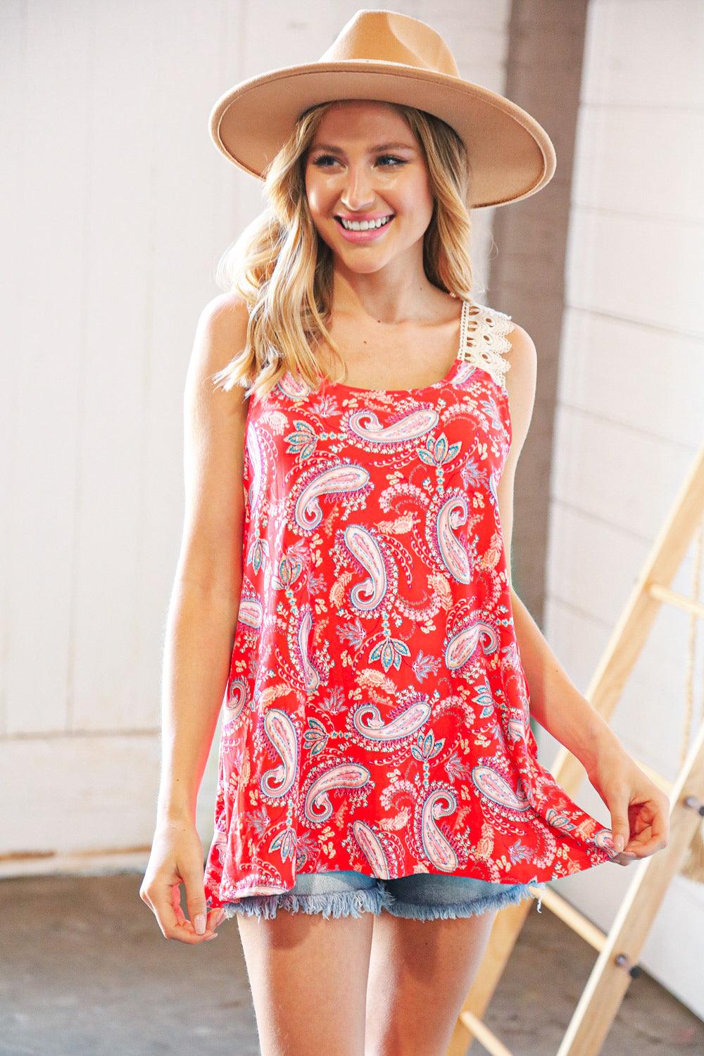 Putting It Paisley Scallop Crochet Strap Tank Top - Atomic Wildflower