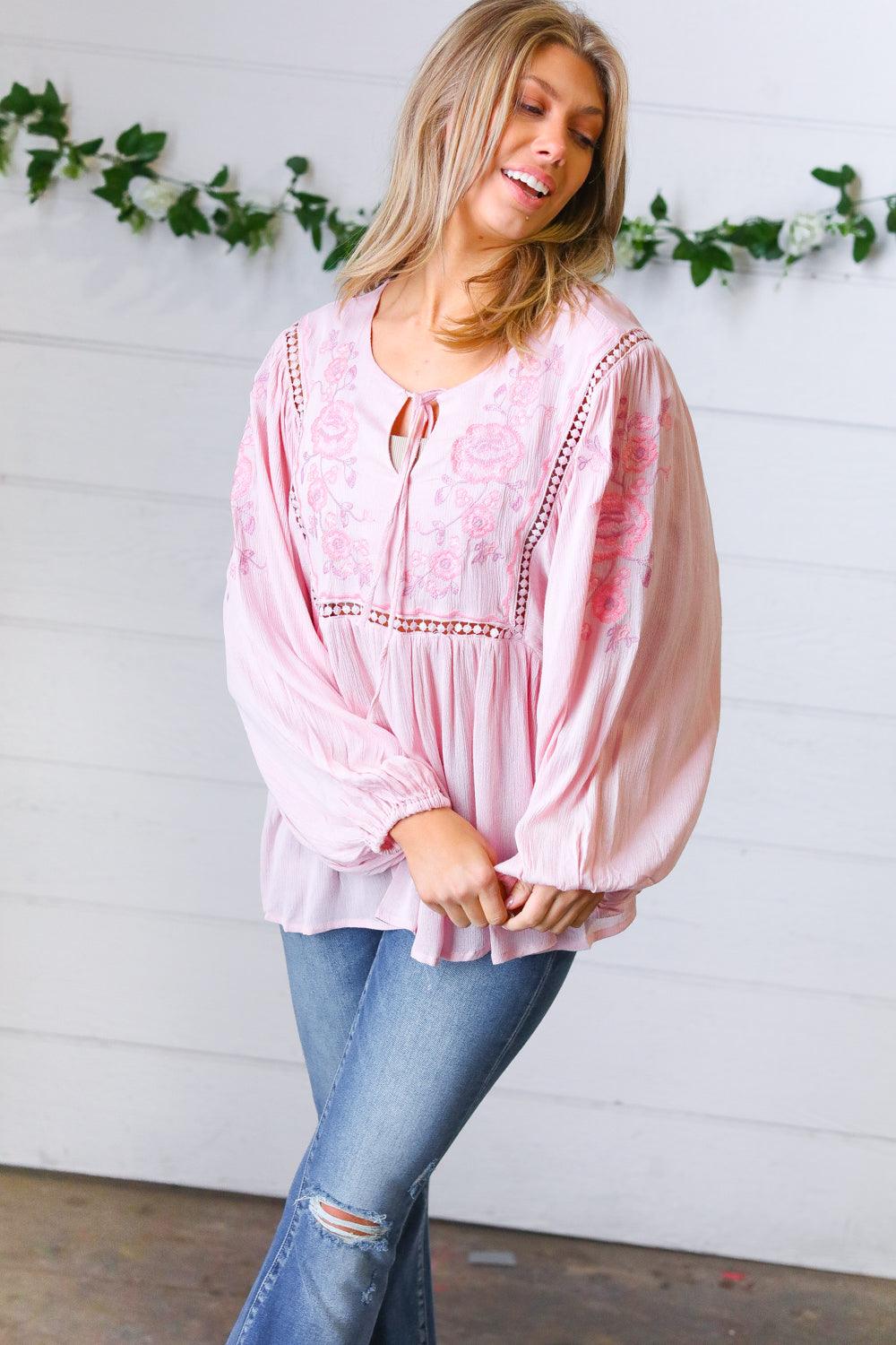 Desi Embroidered Peasant Top • Blush - Atomic Wildflower