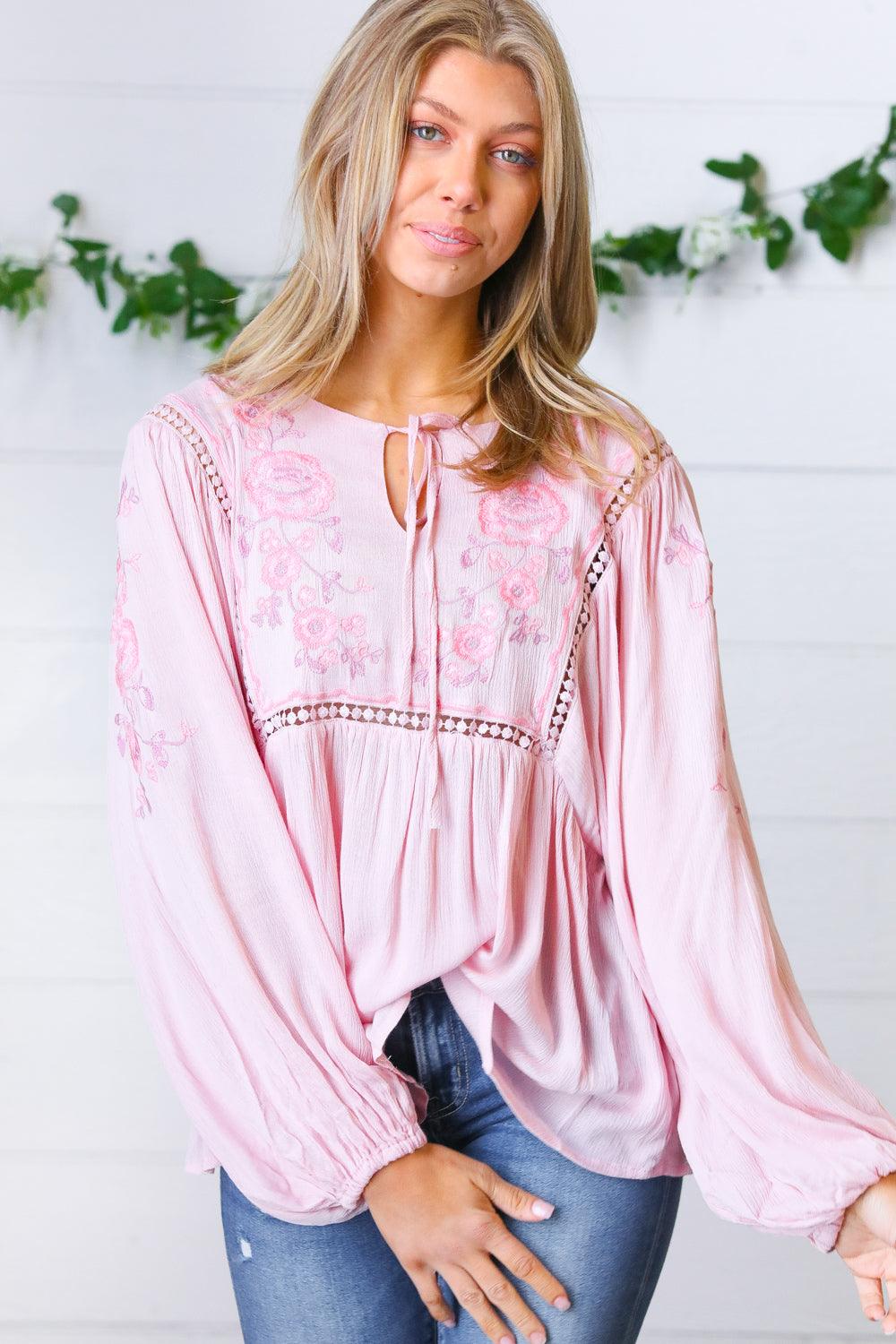 Desi Embroidered Peasant Top • Blush - Atomic Wildflower