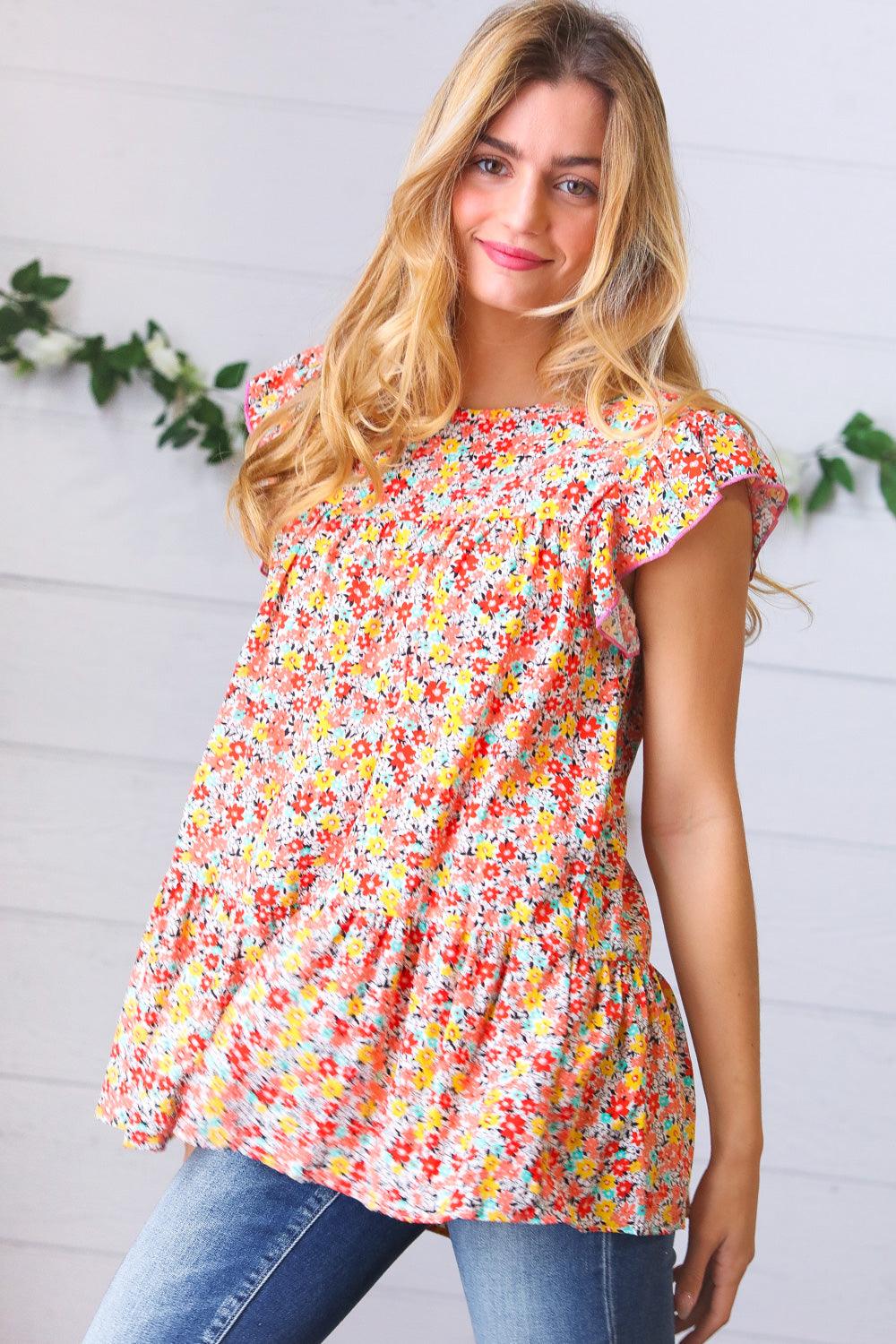 Saving Sunset Floral Print Tiered Top