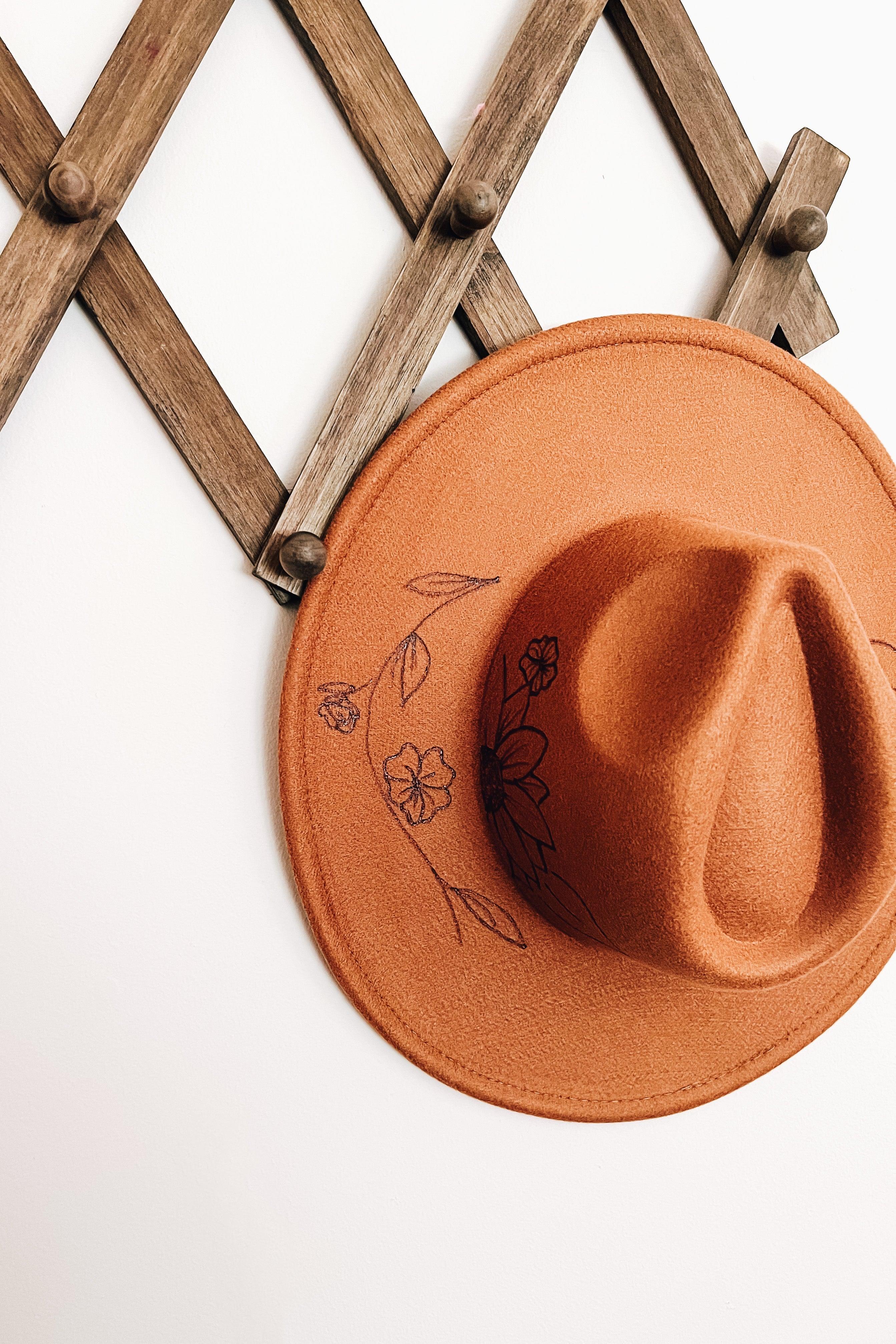 Wildflower + Vine Hand Burned Wide Brim Hat • Caramel - Atomic Wildflower
