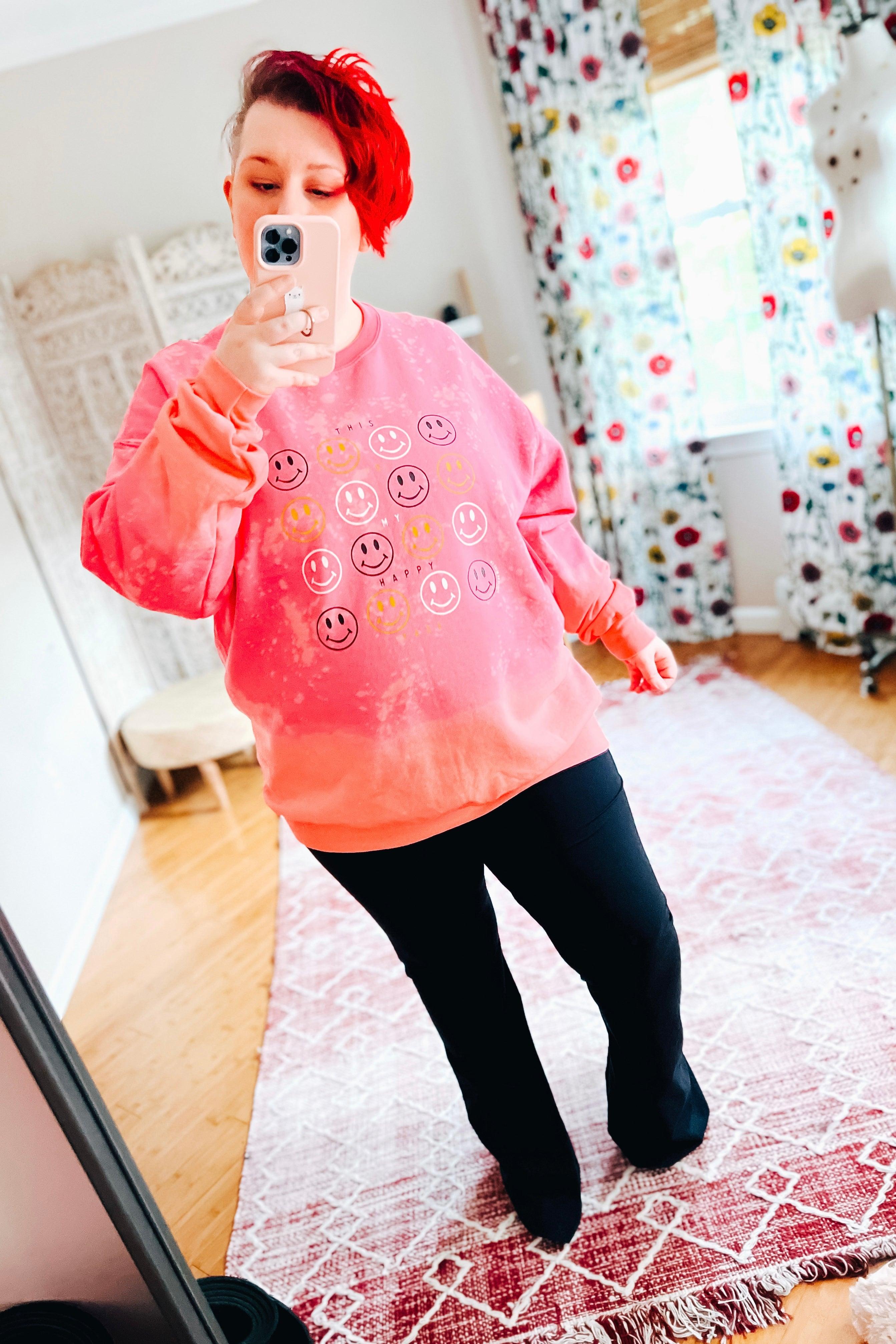 This Is My Happy Face Pink Bleached Sweatshirt - Atomic Wildflower