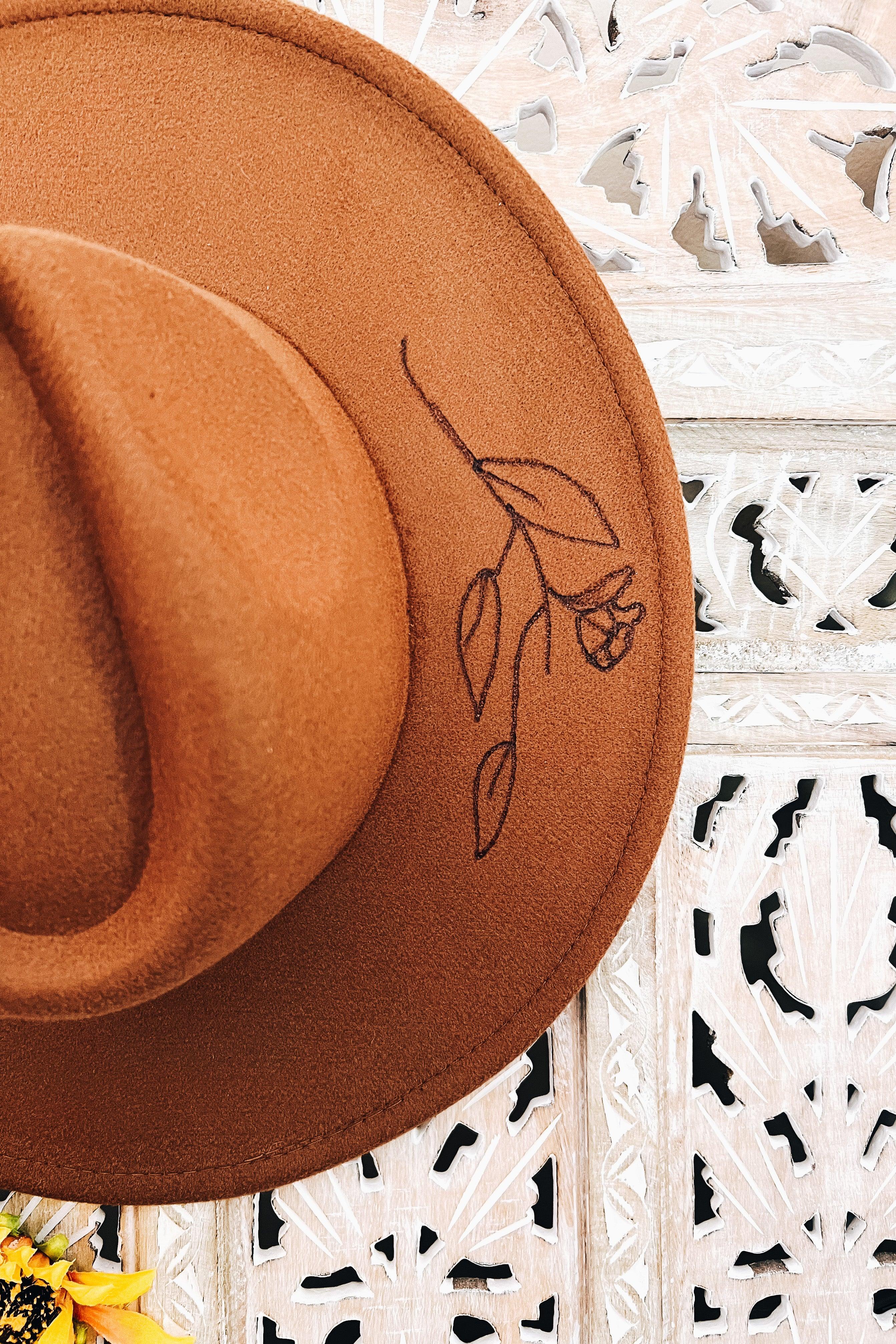 Wildflower + Vine Hand Burned Wide Brim Hat • Caramel - Atomic Wildflower
