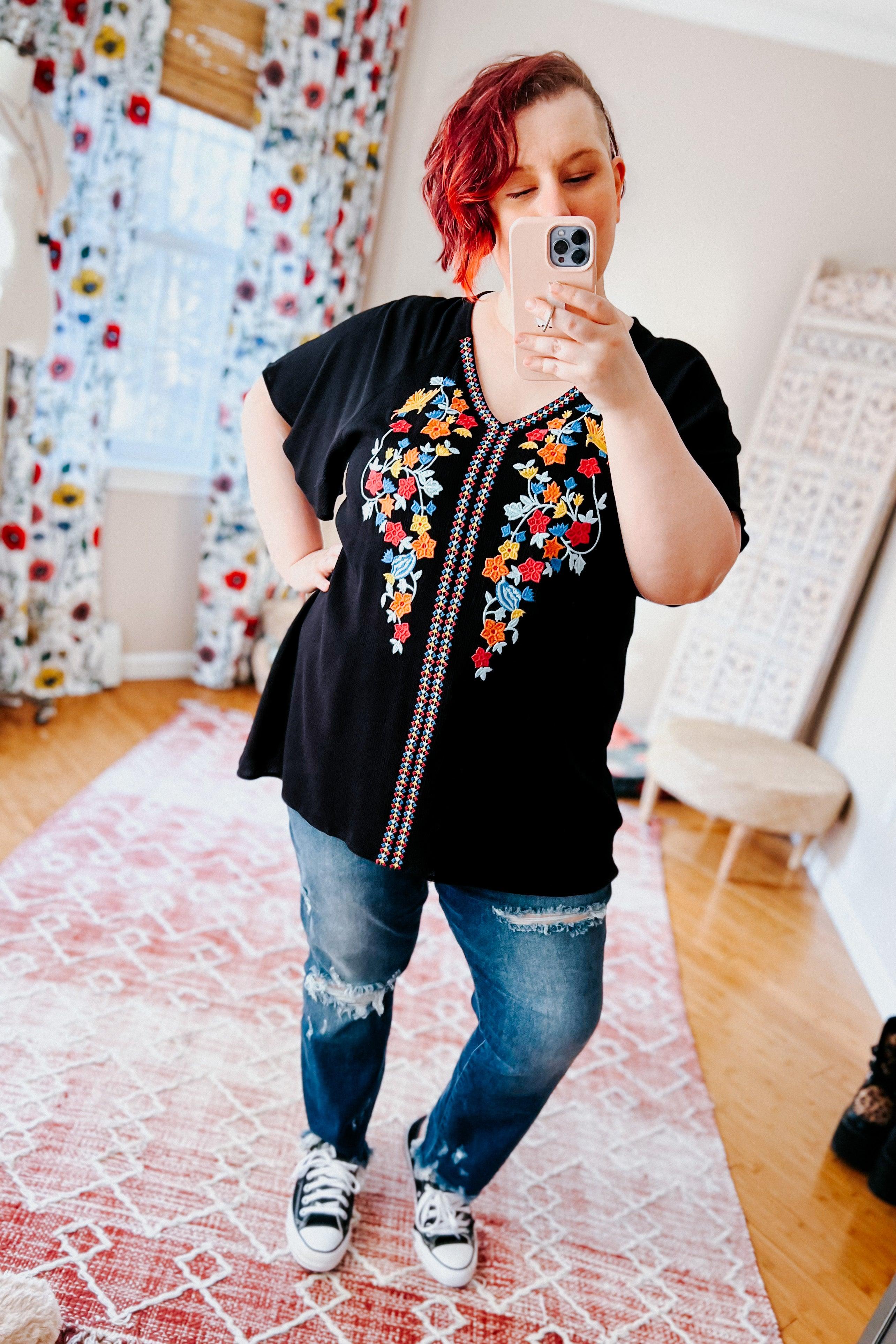 Picture Perfect Floral Embroidered Flutter Sleeve Top - Atomic Wildflower