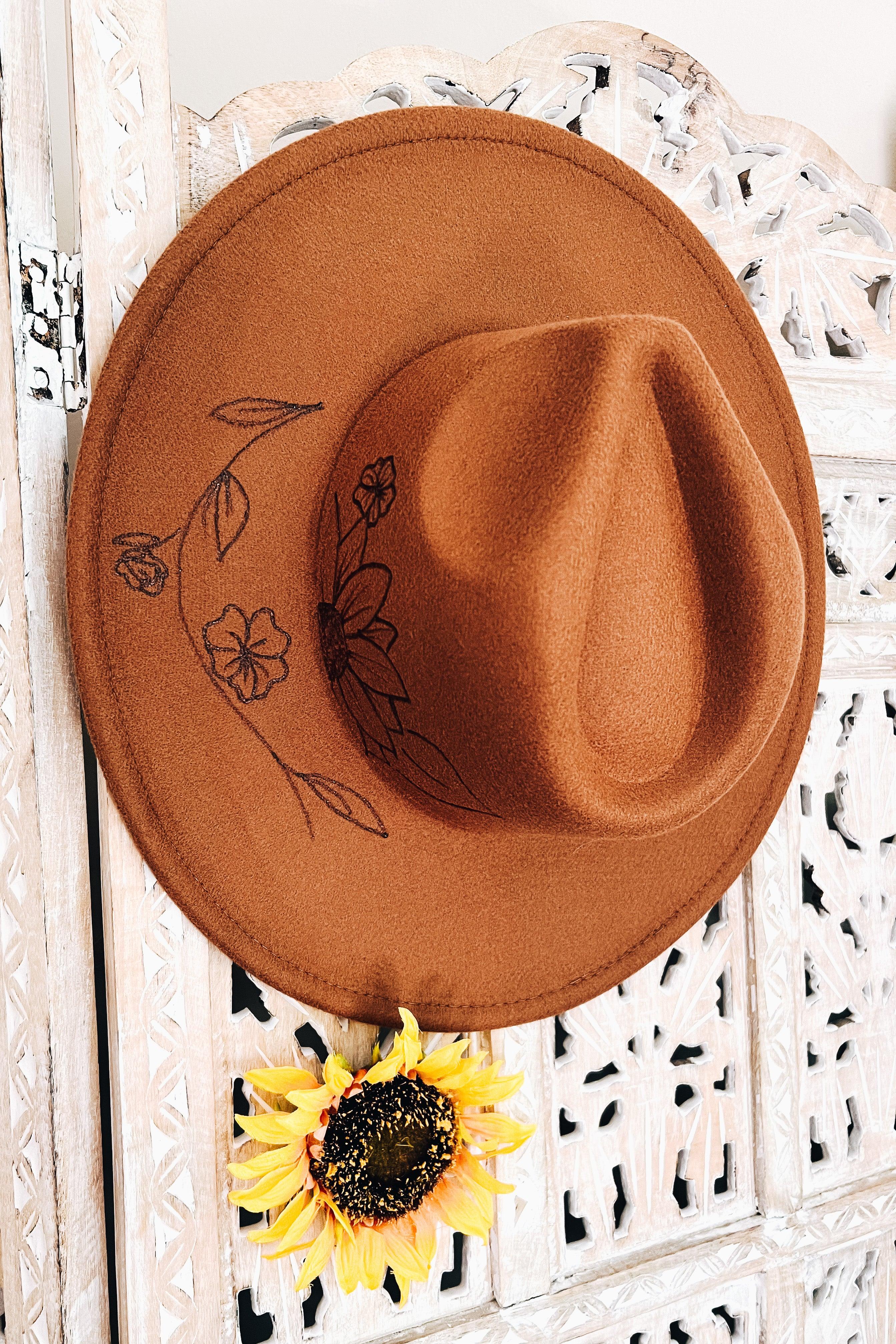 Wildflower + Vine Hand Burned Wide Brim Hat • Caramel - Atomic Wildflower