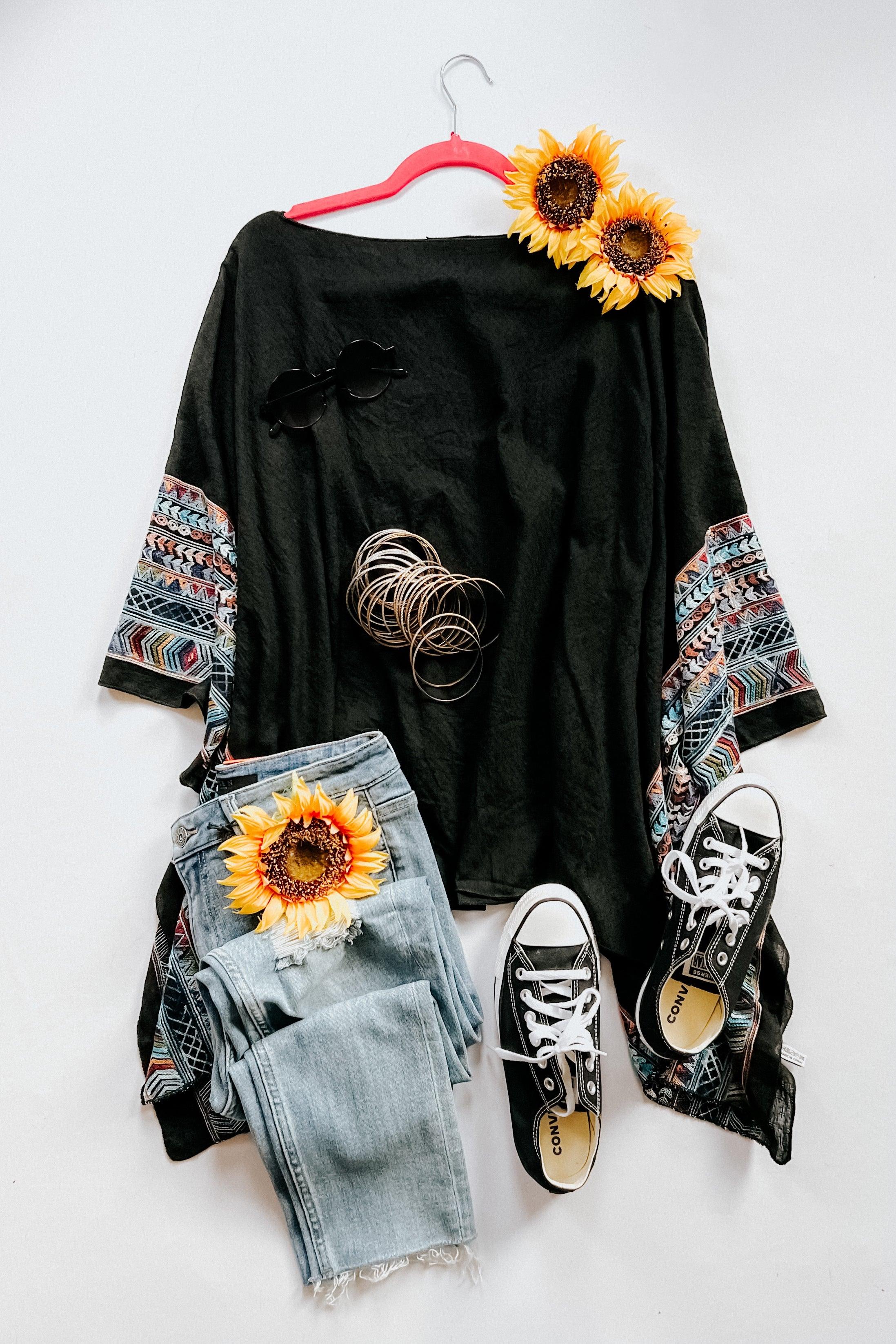Elevated Embroidered Sleeve Light Poncho • Black - Atomic Wildflower
