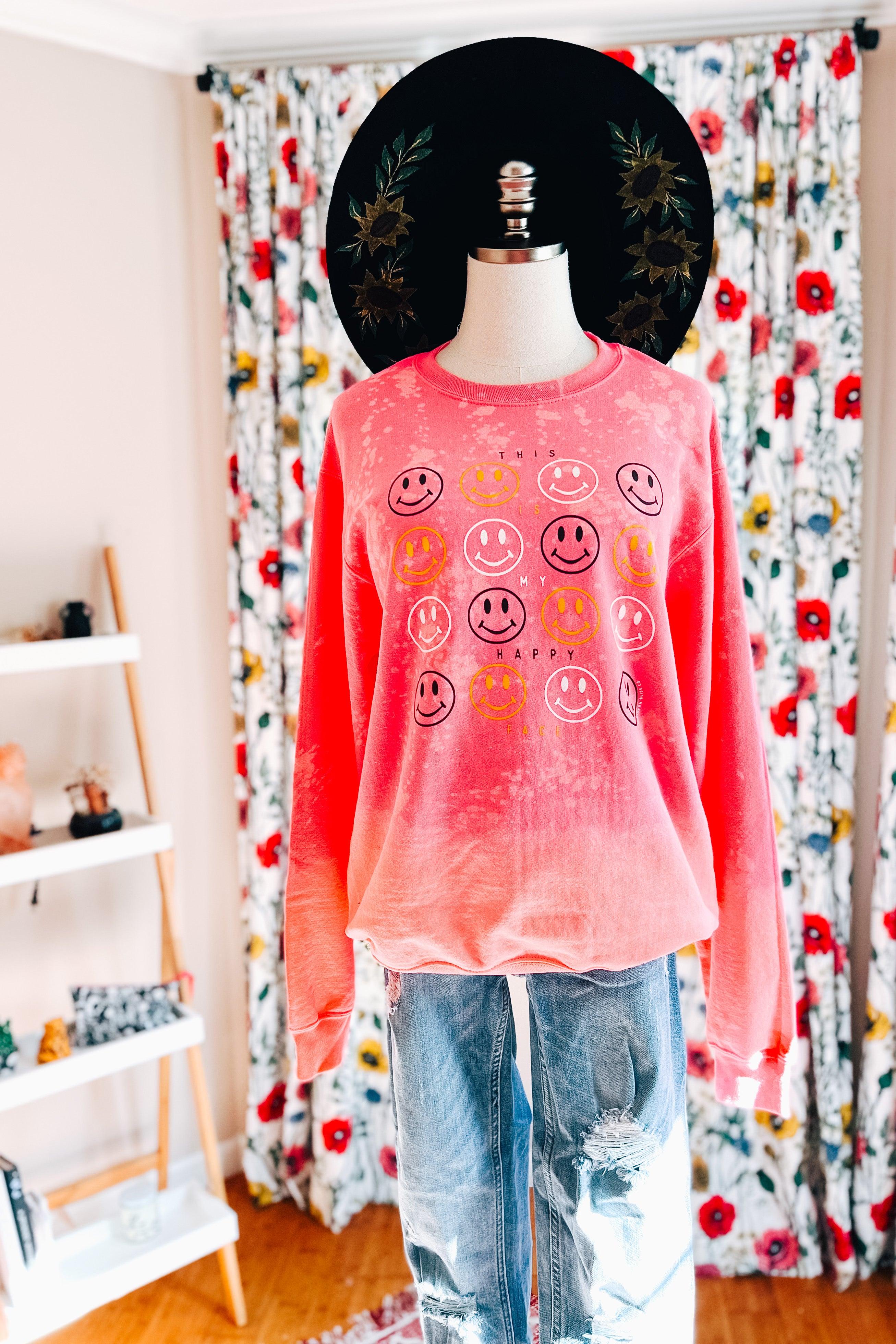 This Is My Happy Face Pink Bleached Sweatshirt - Atomic Wildflower