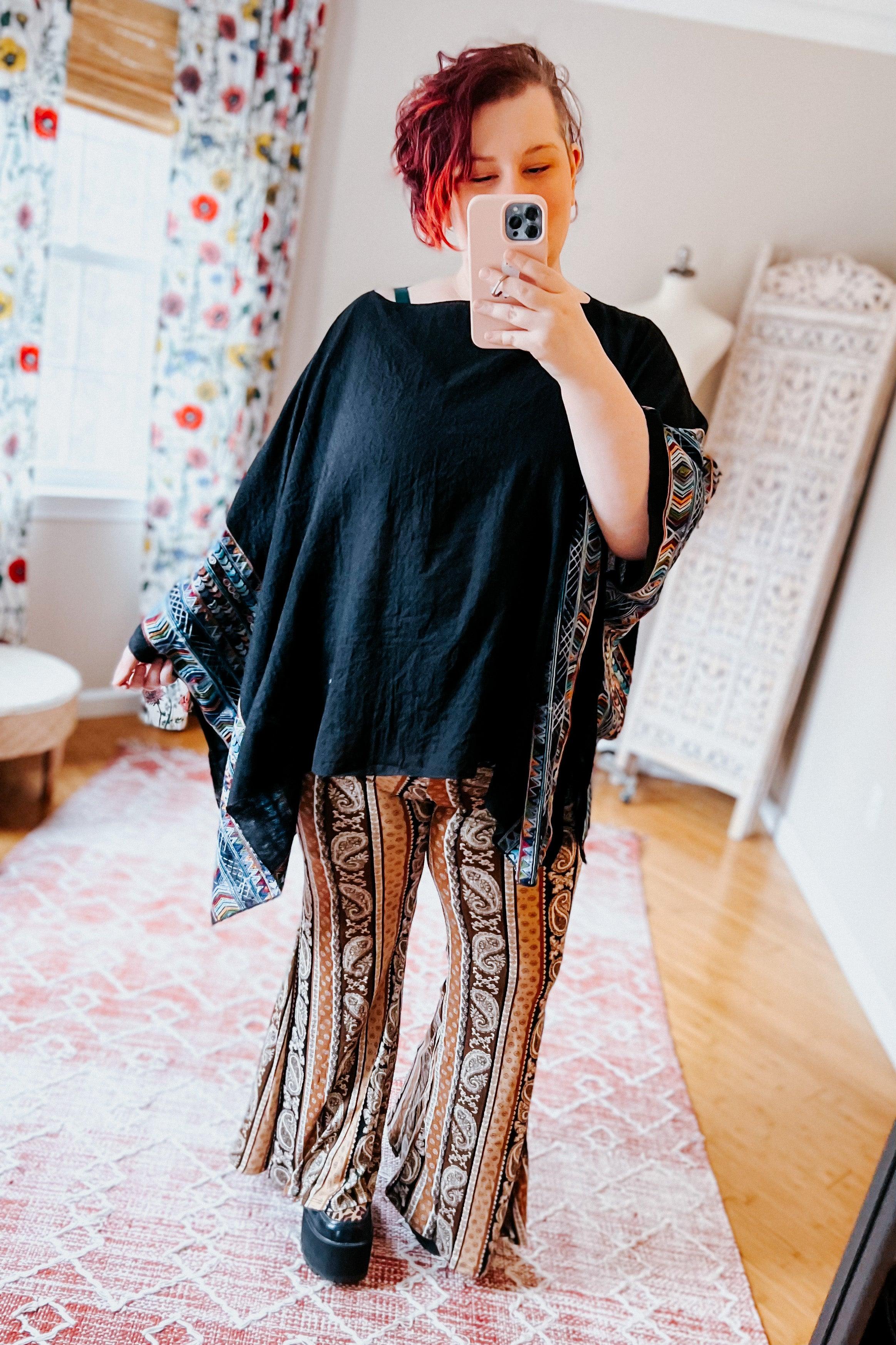 Elevated Embroidered Sleeve Light Poncho • Black - Atomic Wildflower