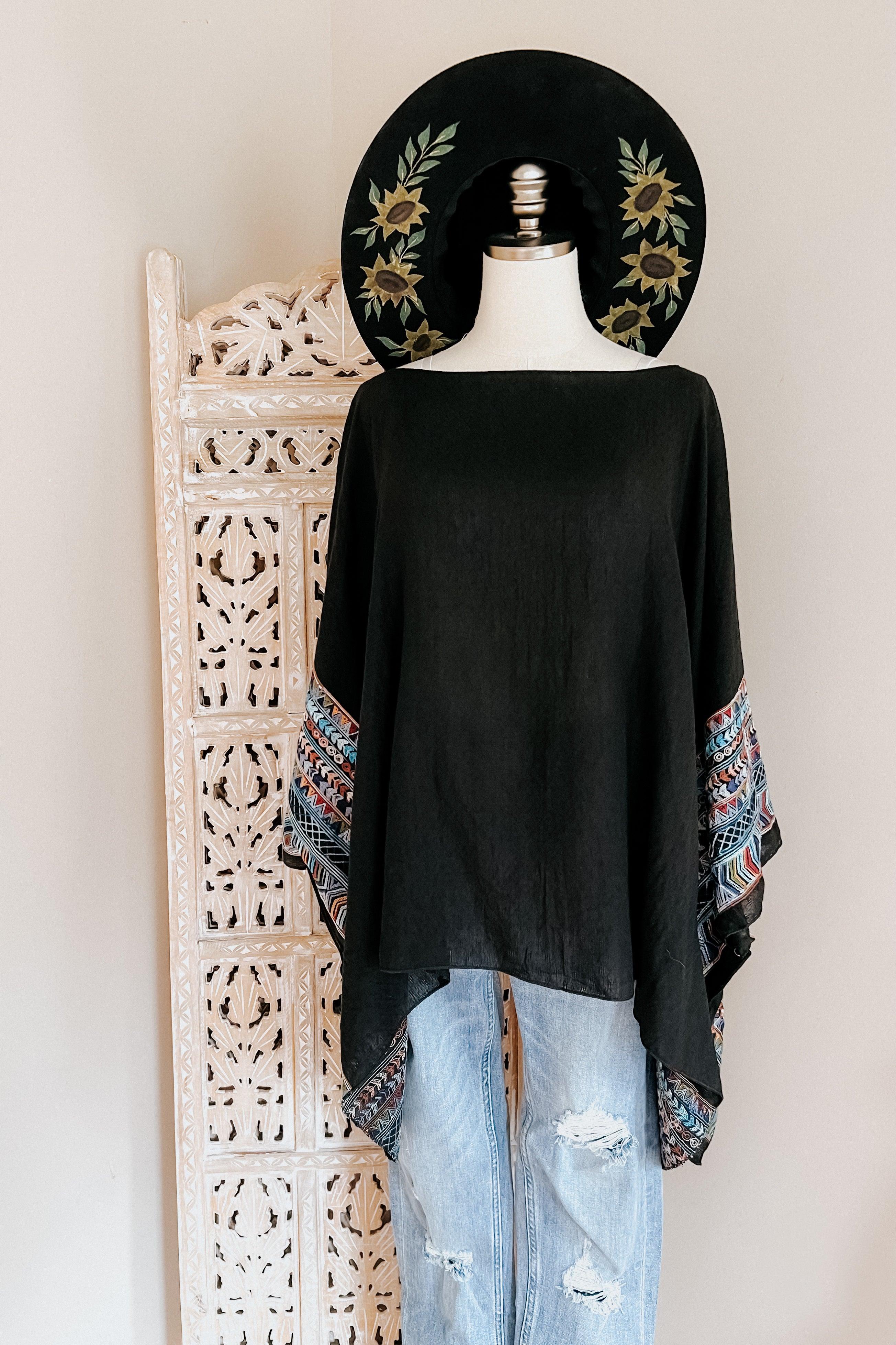 Elevated Embroidered Sleeve Light Poncho • Black - Atomic Wildflower