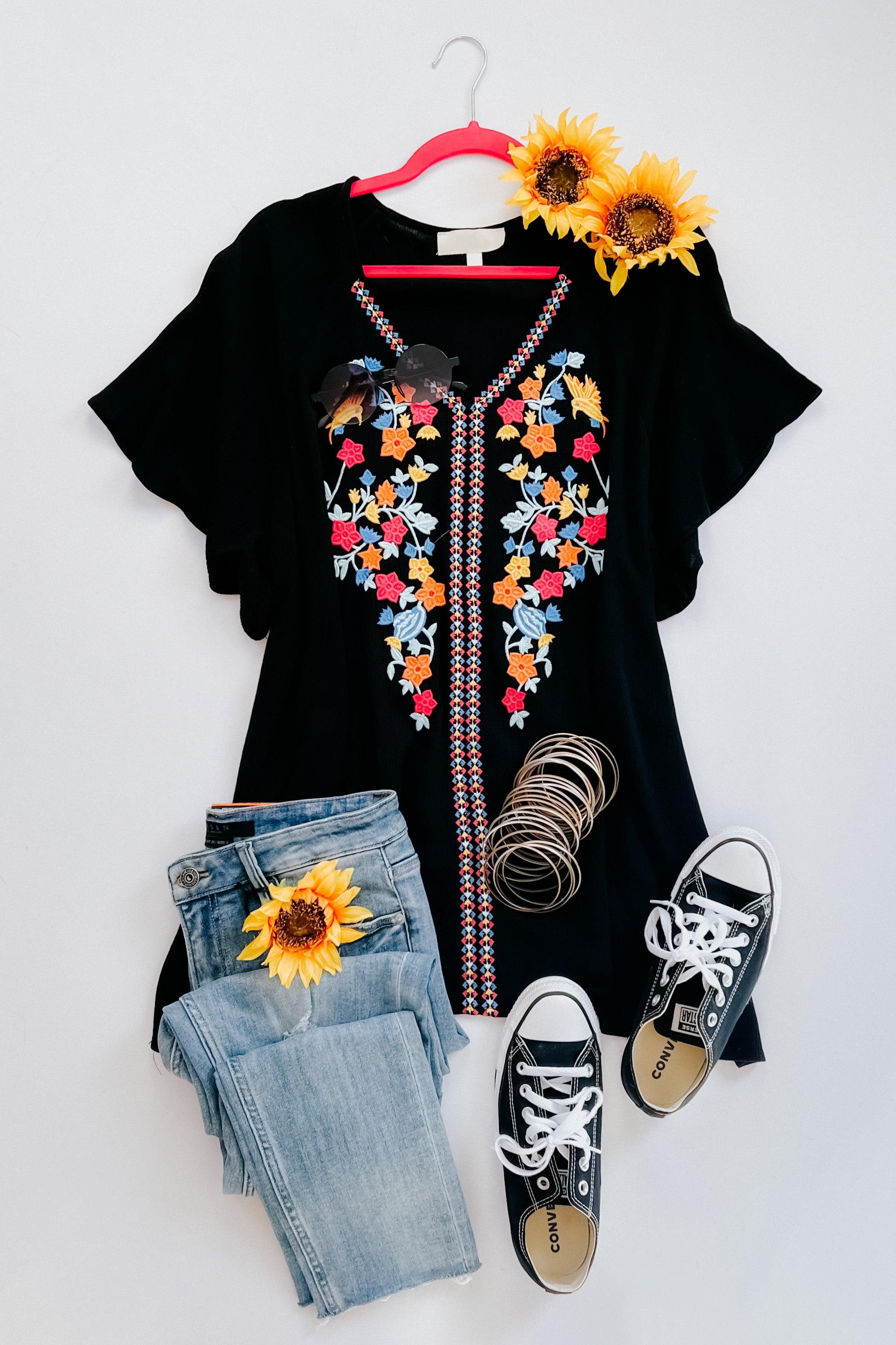 Picture Perfect Floral Embroidered Flutter Sleeve Top - Atomic Wildflower